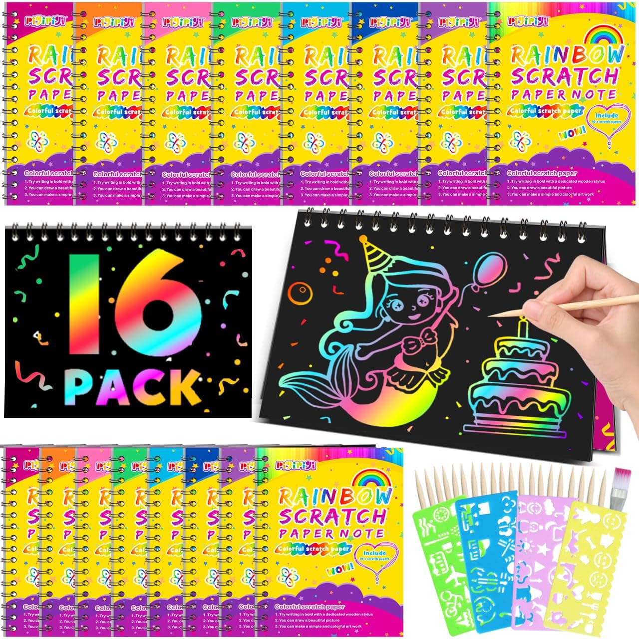 pigipigi Scratch Art-Craft Notebook: 16 Pack Rainbow Scratch Party Favor Kid Paper Craft Project Art Supply for Girls Boys Age 3 4 5 6 7 8 9 10 11 Year Old Toy Christmas Birthday Gift Activity