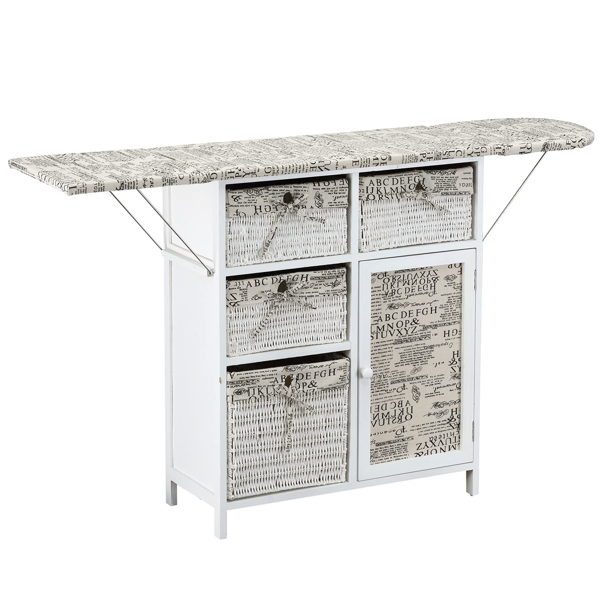 HOMCOM 32" Wood Wicker Ironing Board Center with Baskets - Khaki/White