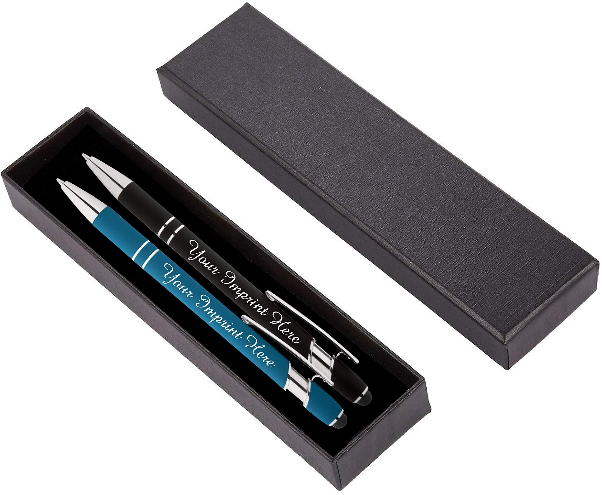 ExpressDesigns™ - Personalized Pens Gift Set - 2 Pack of Soft Touch Metal Pens w/gift box - Luxury Ballpoint Pen Custom Engraved with Name, Logo or Message | Perfect for Him or Her (Black - Lt Blue)