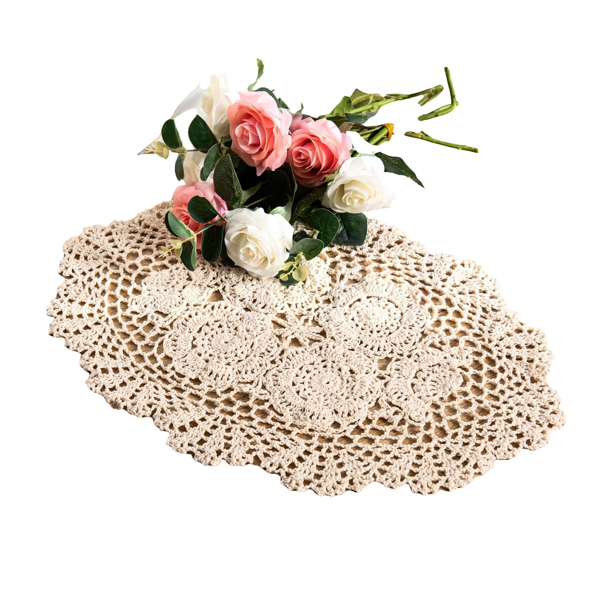 Eiyye 2-Pieces Handmade Cotton Crochet Doilies Oval Lace Table Placemats 12 x17inch, Beige