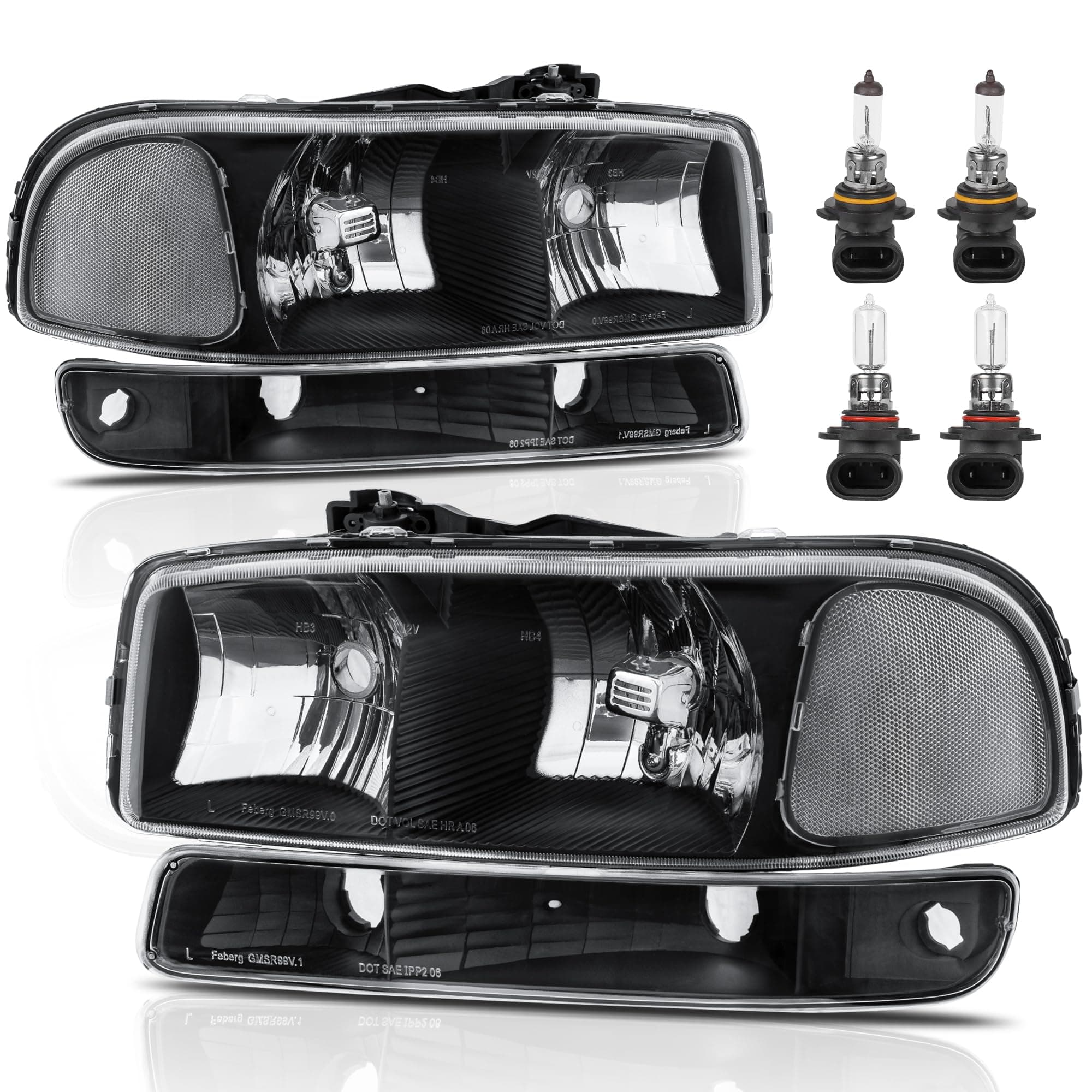 KUIPERAUTO Headlight Assembly Front Lamp Compatible with 1999-2006 GMC Sierra 1500 2500, 2000-2006 GMC Yukon Headlamp w/Bulb Black Housing/Clear Lens/Clear Corner