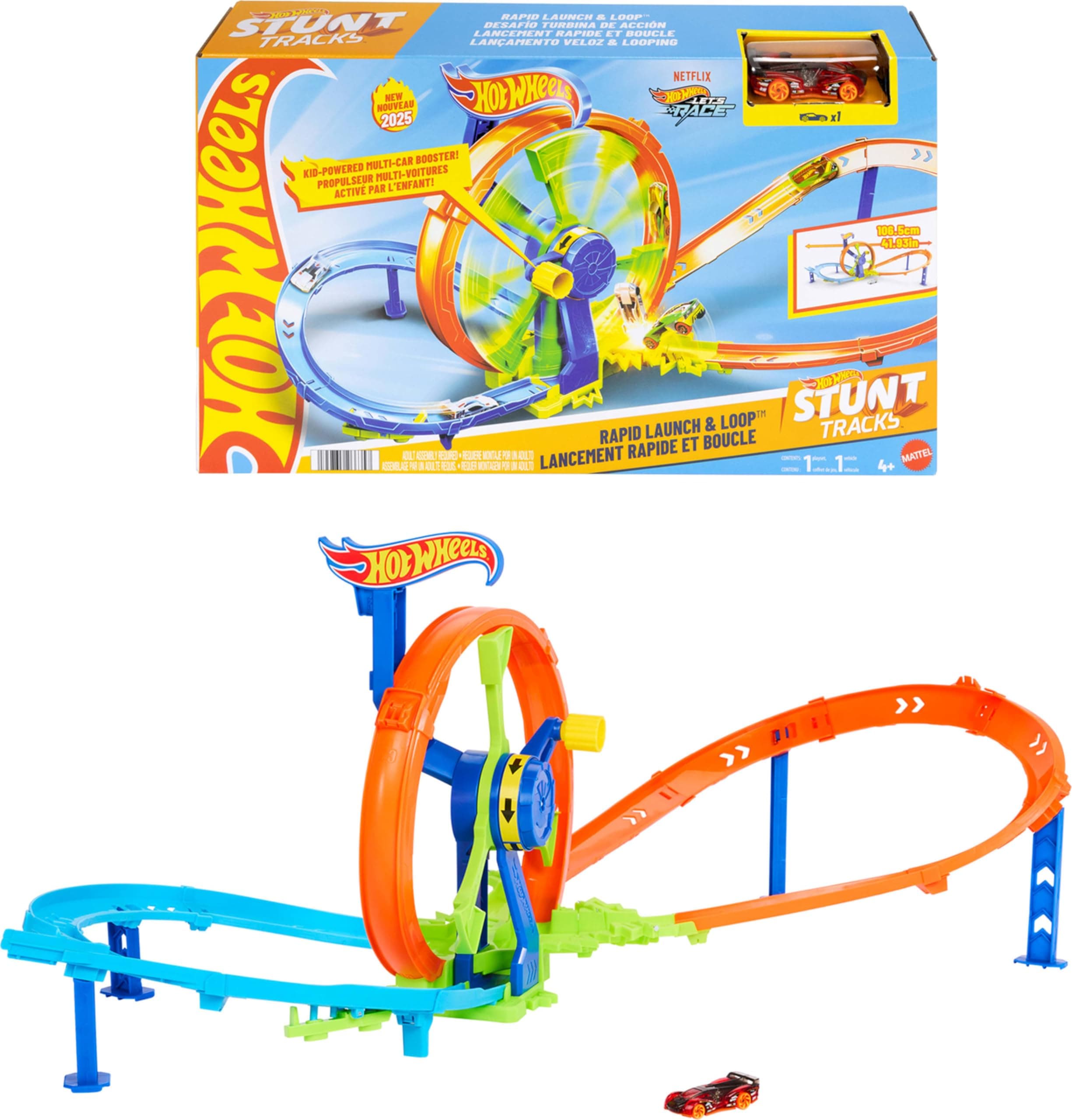 ​Hot Wheels Toy Car Track Set, Launch and Loop Playset & 1:64 Scale Die-Cast Vehicle, Crash Area on Figure 8 Track with Loop-Kicker Booster