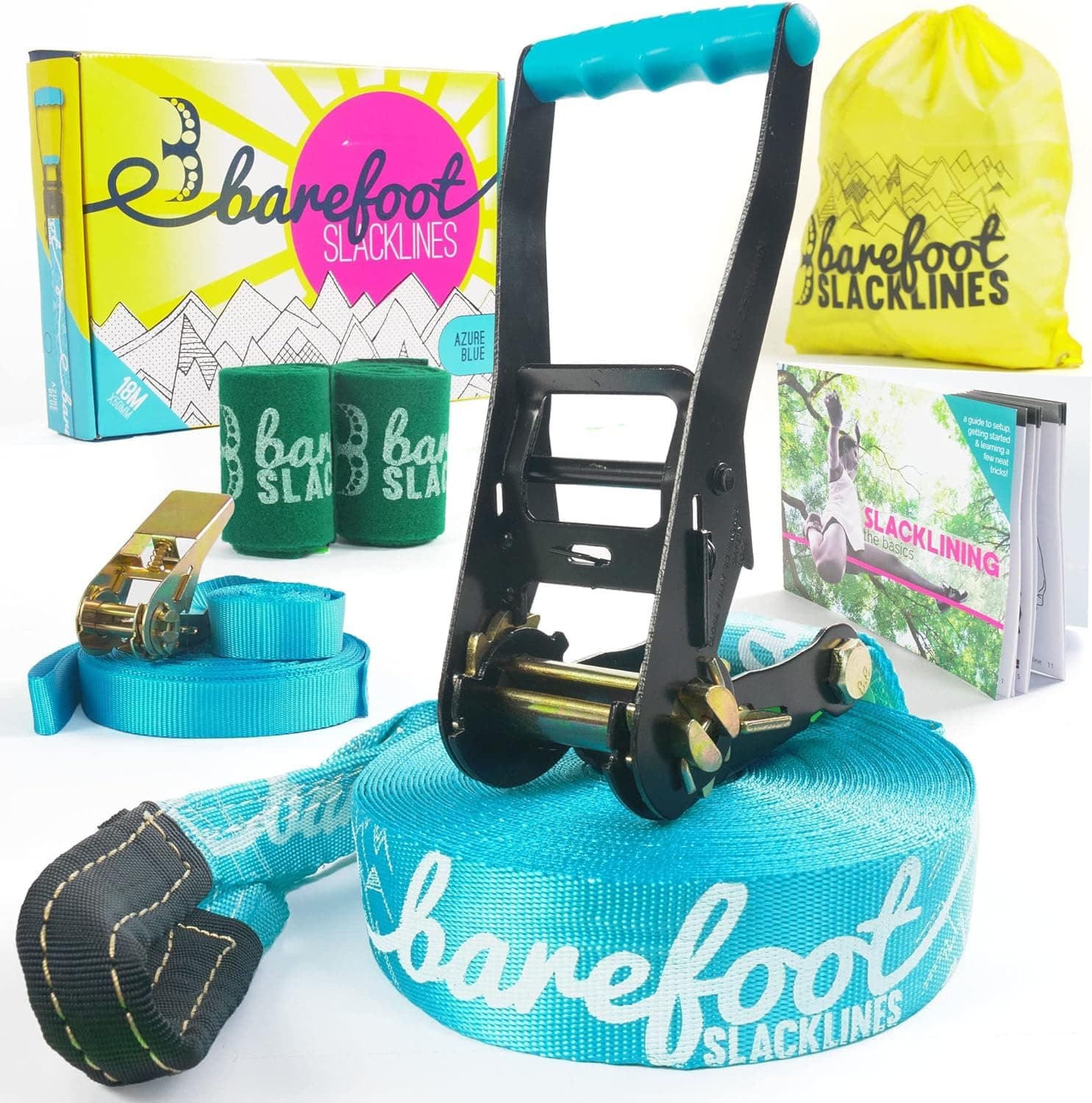 Barefoot Slackline Kit 60ft (18m) Complete Set Including, Ratchet, Training Line, Bark Protectors & Instructions! Designed for Both Kids & Adults - 3 Colors Available (Azure Blue)