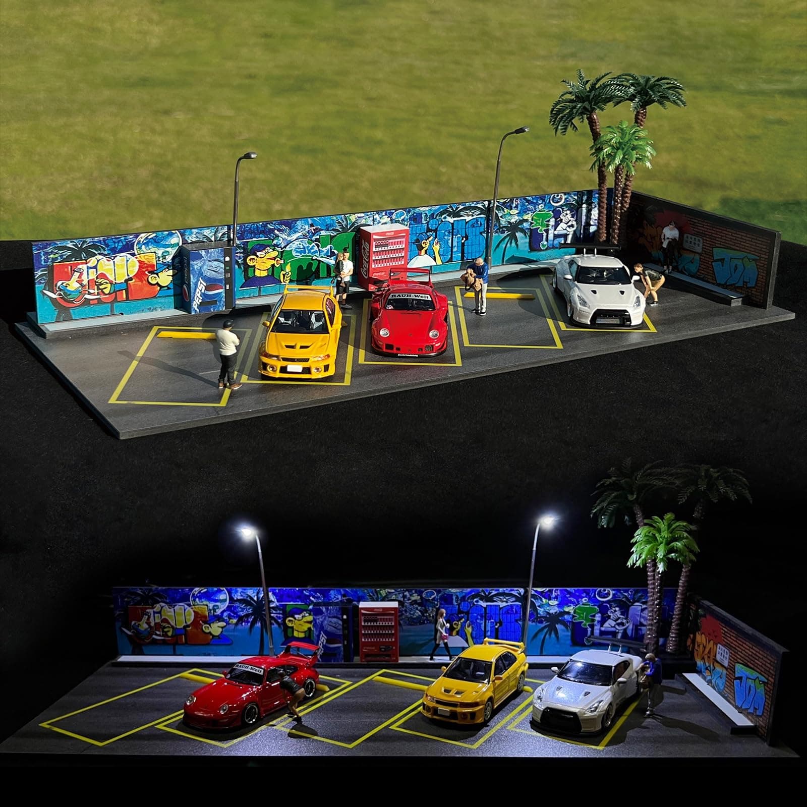 1/64 Scale Die-cast Model Car Display Case ，Scenery Diorama Parking lot， with LED Light and 5 Parking Spaces