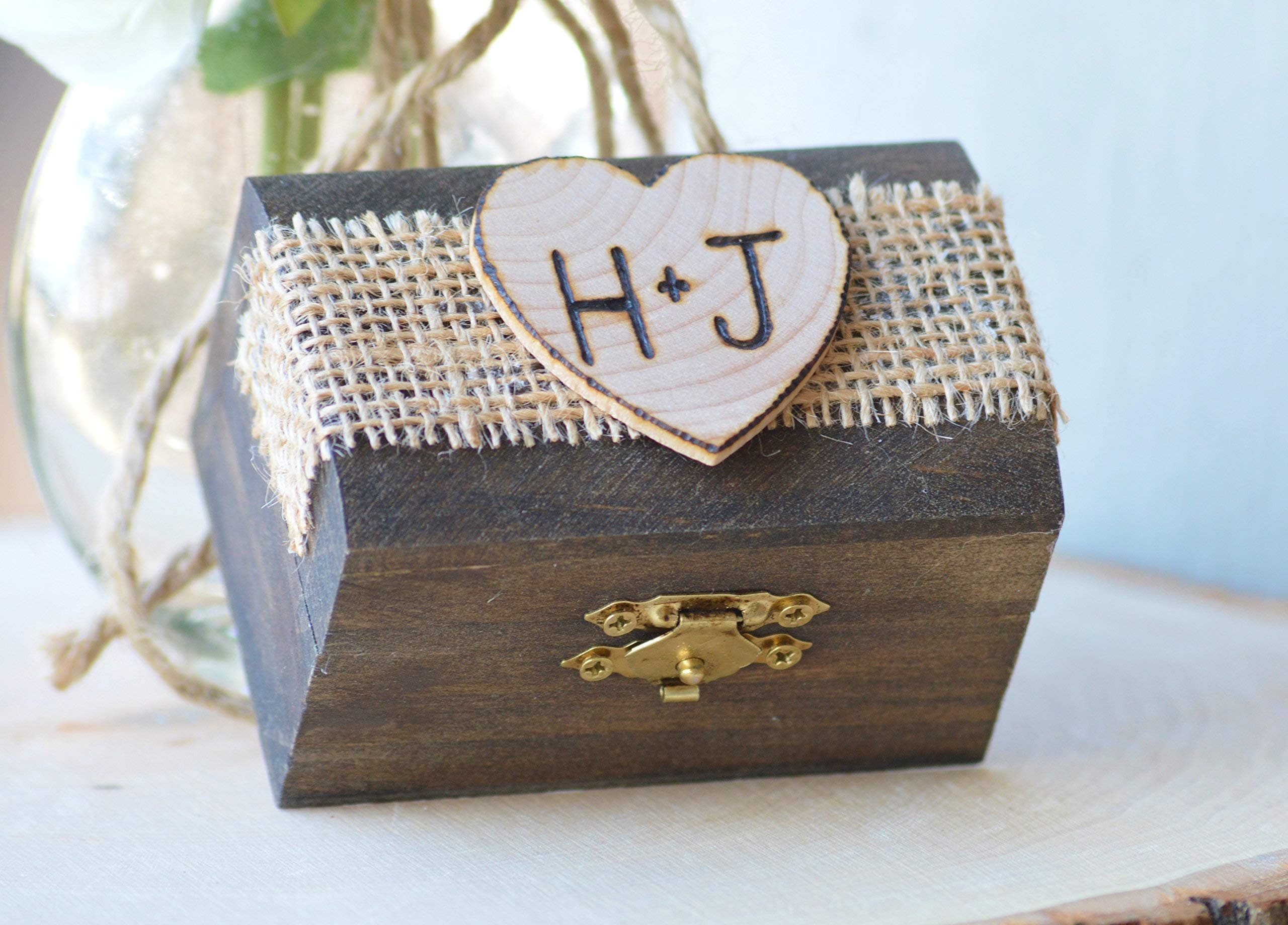 Personalized Ring Box Wood Engagement Ring Holder Custom Burlap Wedding Ring Box Marriage Proposal Jewelry Display Rustic Wedding Decor