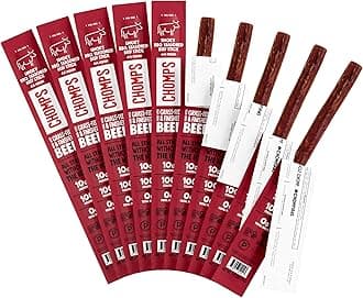 - Chomps Grass-Fed and Finished Smoky BBQ Beef Jerky Snack Sticks 10-Pack - Keto, Paleo, Whole30, 10g Lean Meat Protein, Gluten-Free, Zero Sugar Food, Non-GMO