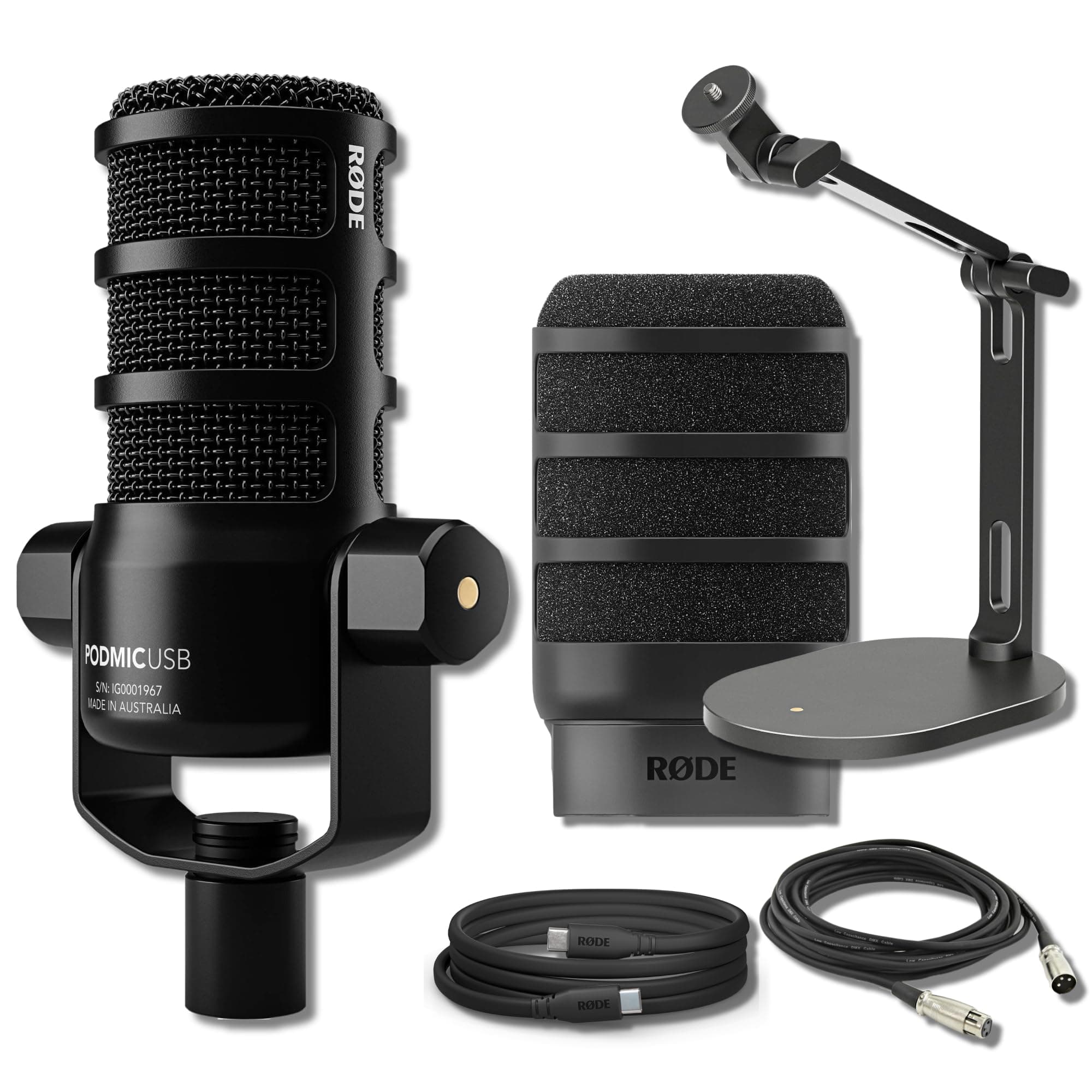 Rode PodMic USB and XLR Dynamic Broadcast Microphone with Rode Desk Stand 2 (DS2), XLR Cable, and StreamEye Polishing Cloth