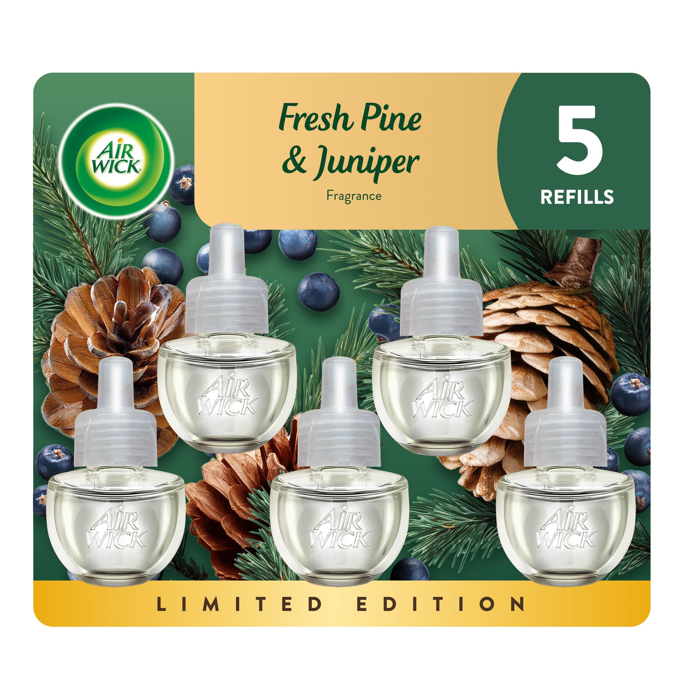 Plug-In Scented Oil Refill, 5 Ct, Fresh Pine and Juniper, Air Freshener, Essential Oils, Fall Scent, Fall Décor