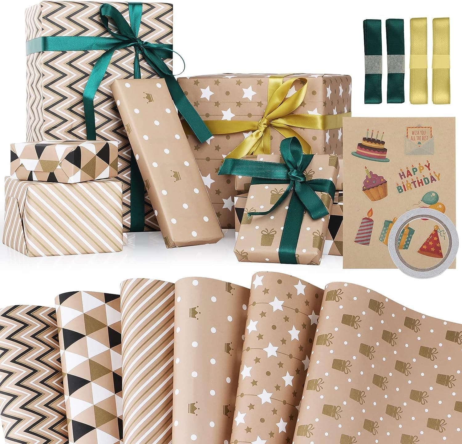 Azonee Gift Wrapping Paper, Birthday Wrapping Paper, with Pull Bow,Ribbon, Recyclable Kraft Gift Wrapping Paper, Double Sided Tape, Sticker Gift for Wedding, DIY Craft (Kraft)