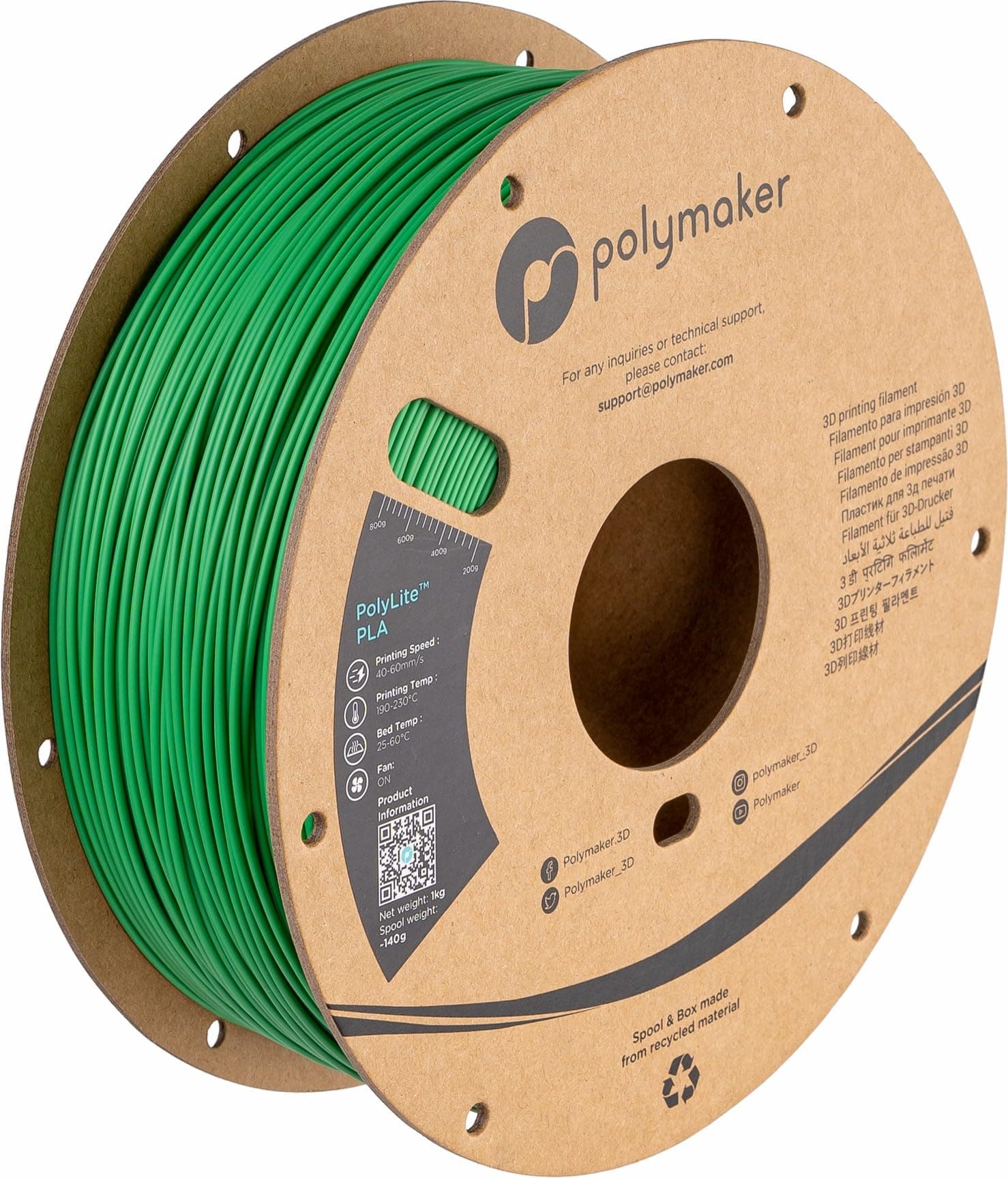 Polymaker Filament for 3D Printers, PolyLite PLA (3.0), 0.07 inch (1.75 mm) Diameter, 2.2 lbs (1 kg) Roll, Green