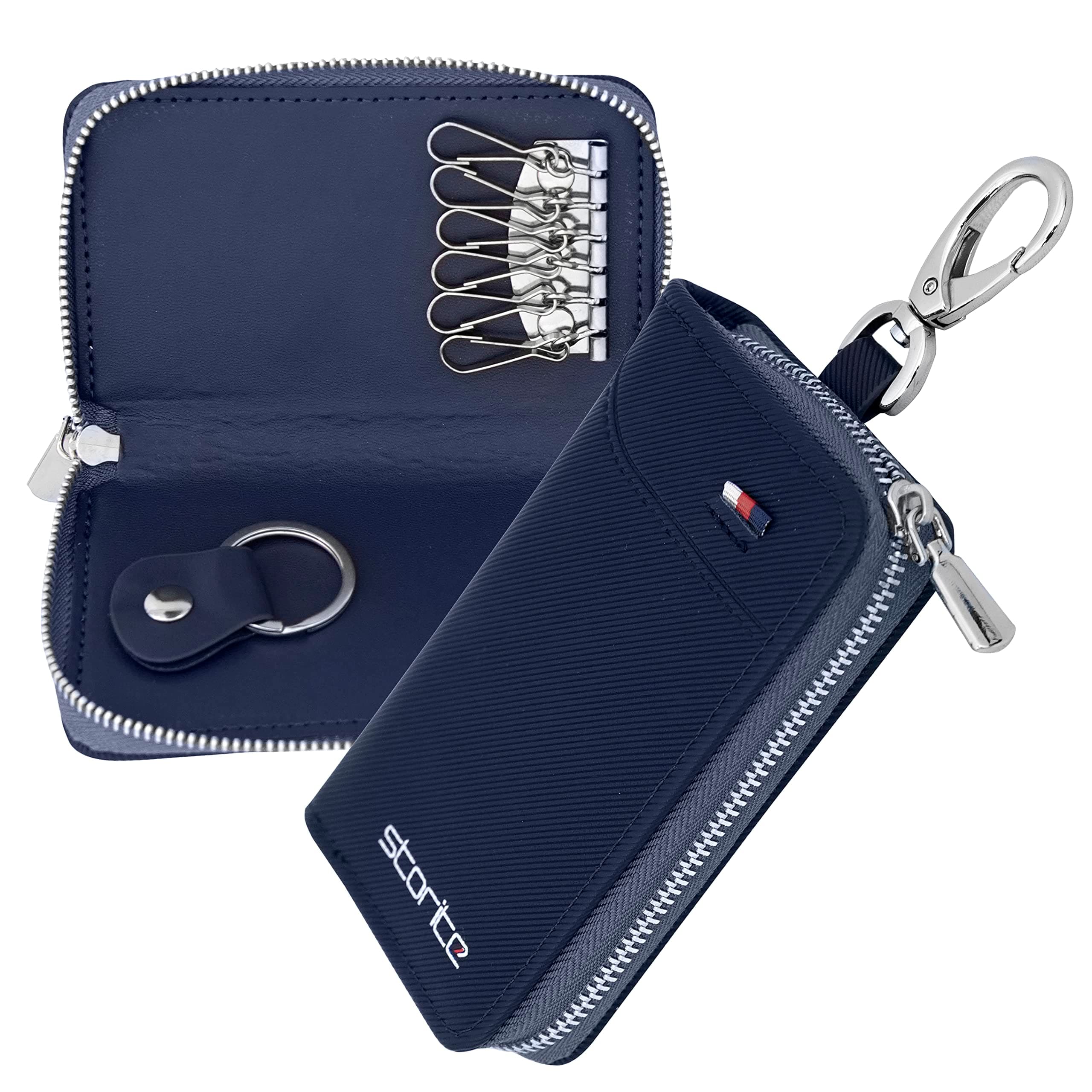 PU Leather Large Key Case Pouch Wallet Key Chain Key Holder Ring with 6 Key Hooks,1 IC Key Ring, Metal Buckle With Zipper Closure (7.5X2X12 CM - Blue)