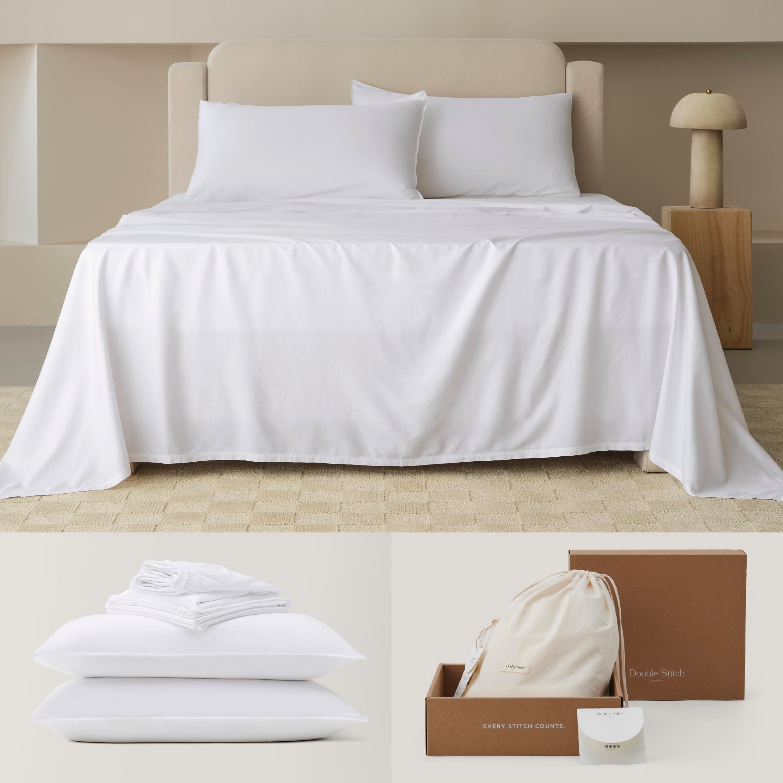 Double Stitch Cotton Tencel Sheet - Bed Sheets Set King Size, 4Pc Luxury Hotel Bedding Set, Soft, Cooling & Breathable for Hot Sleepers, Deep Pocket Up to 16 Inches, Bright White