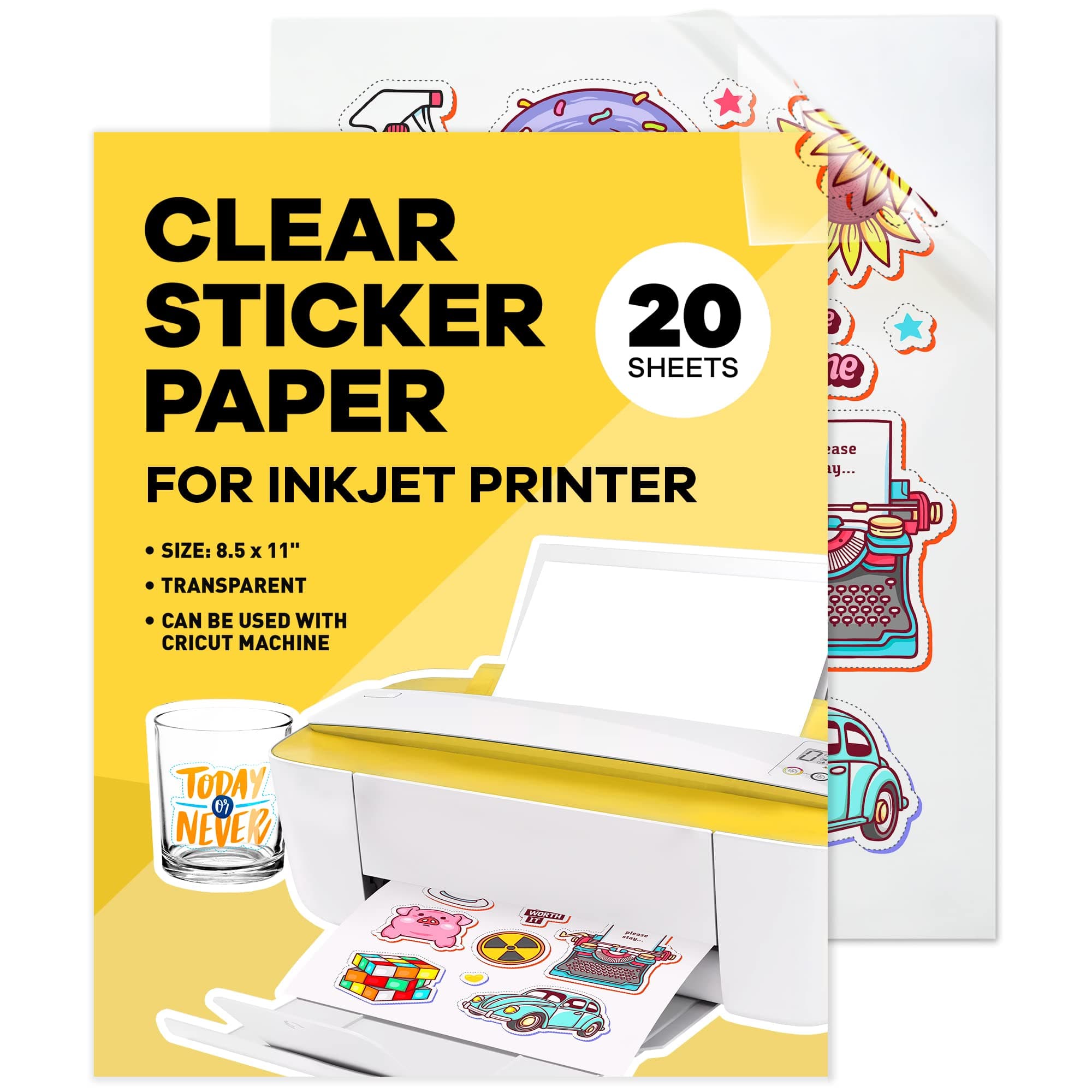 Paper Plan 90% Clear Sticker Paper, 20 Sheets, 8.5 x 11, Glossy, Inkjet Compatible