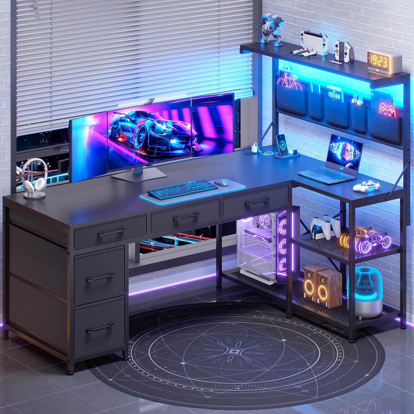 L Shaped Gaming Desk, 47.2" Reversible Small Computer Desk with 5 Drawers and Storage Shelves, Corner Gaming Desk with LED Lights and Power Outlet, Black