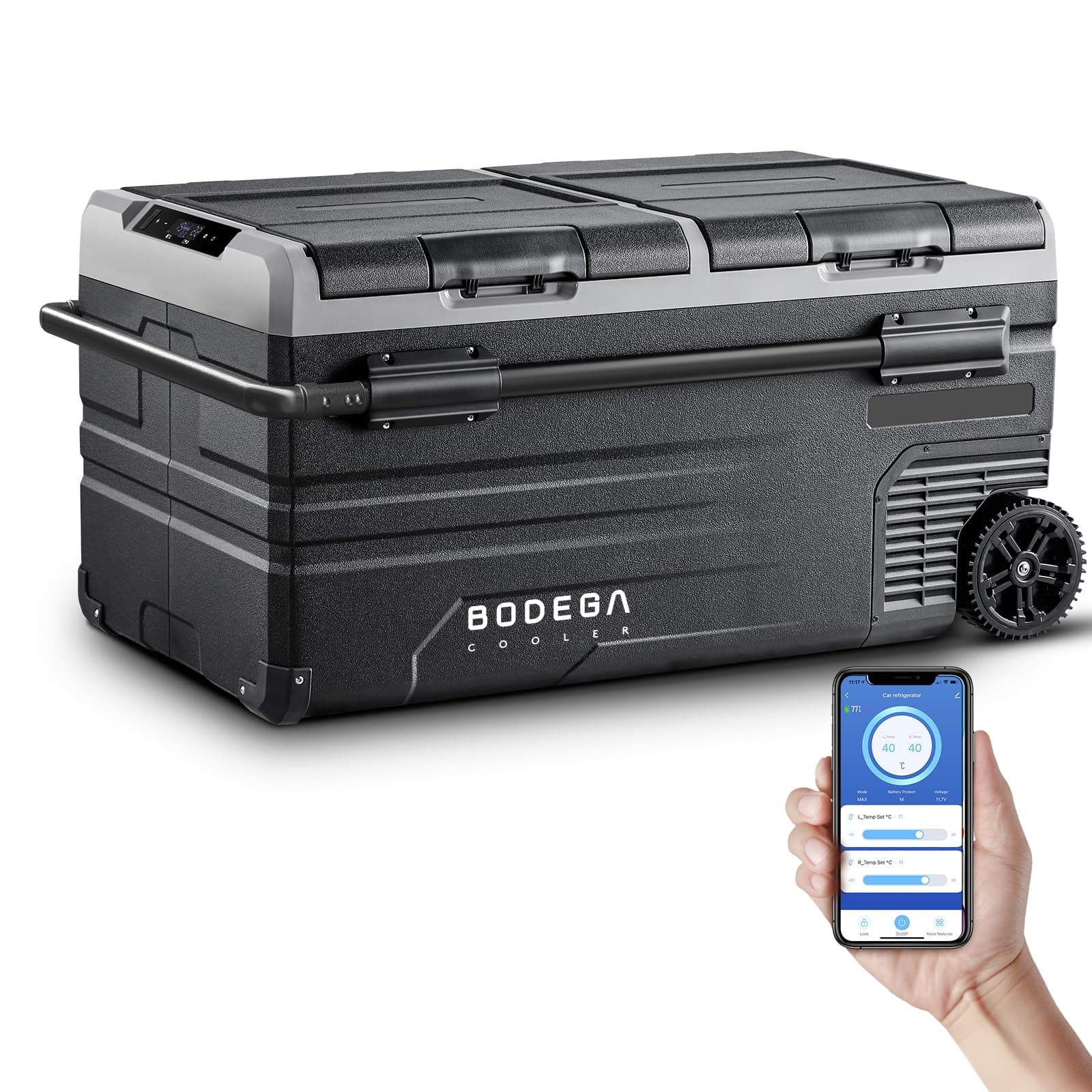 BODEGACOOLER 12 Volt Car Refrigerator, 100 Quart Portable Freezer, Car Fridge Dual Zone WIFI APP Control, -4℉-68℉ Cooler, 12/24V DC and 100-240V AC, for Travel, Camping, Outdoor,RV, black