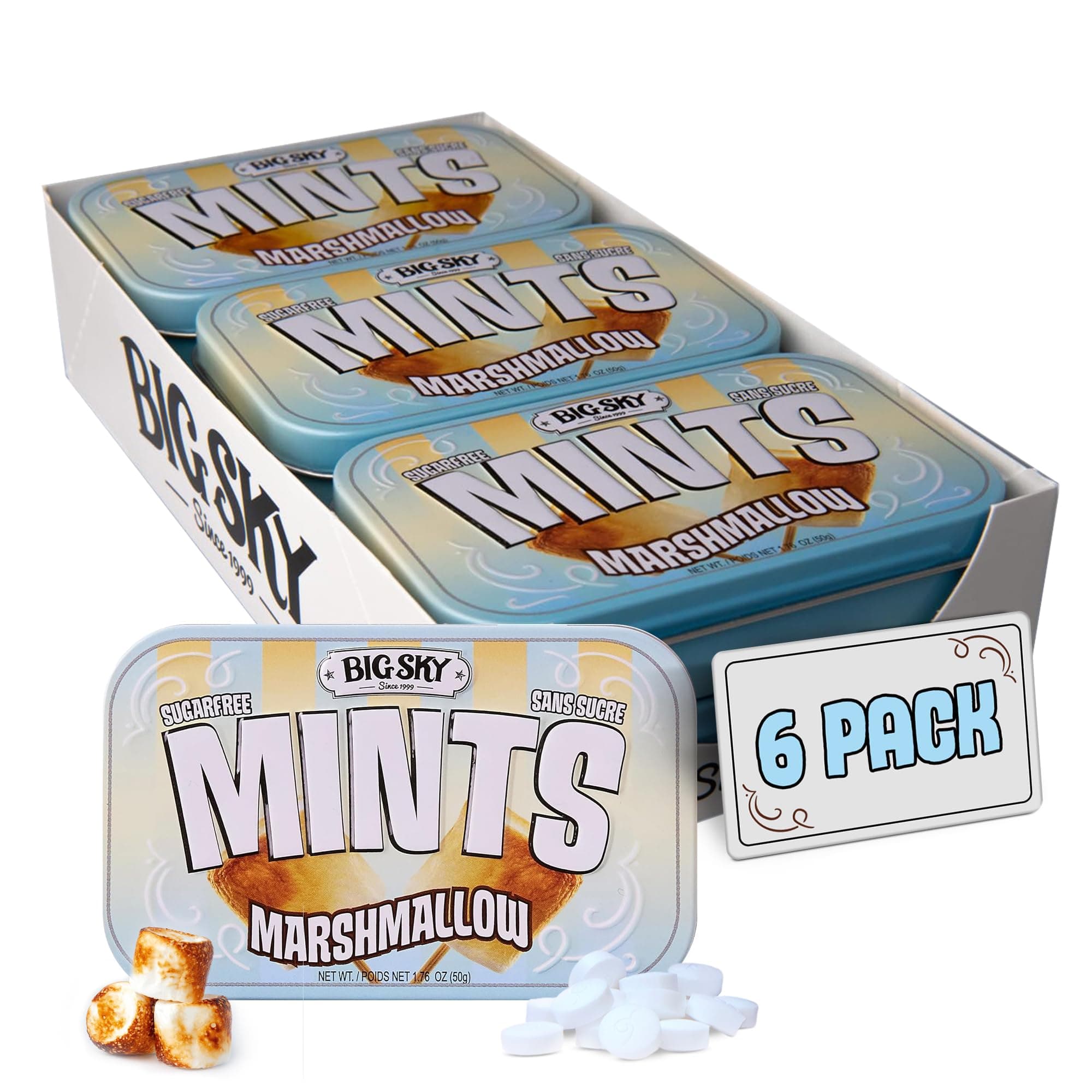 Sugar Free Mints - Marshmallow - 50 Count Tin (Pack of 6) | Kosher Certified, Vegan Candy | Aspartame & Gluten Free | Sweet Sugar Free Marshmallow Candy Mints for Travel & Sharing