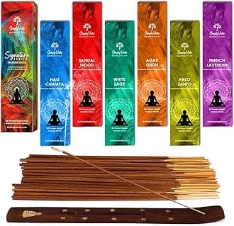 Simply Vedic Signature Incense Sticks Gift Set | 120 Natural Hand-Rolled Non-Toxic Agarbatti with Holder | Sandalwood, Nag Champa, Oudh, Palo Santo, Lavender, Sage | Aromatherapy Meditation Pooja Home