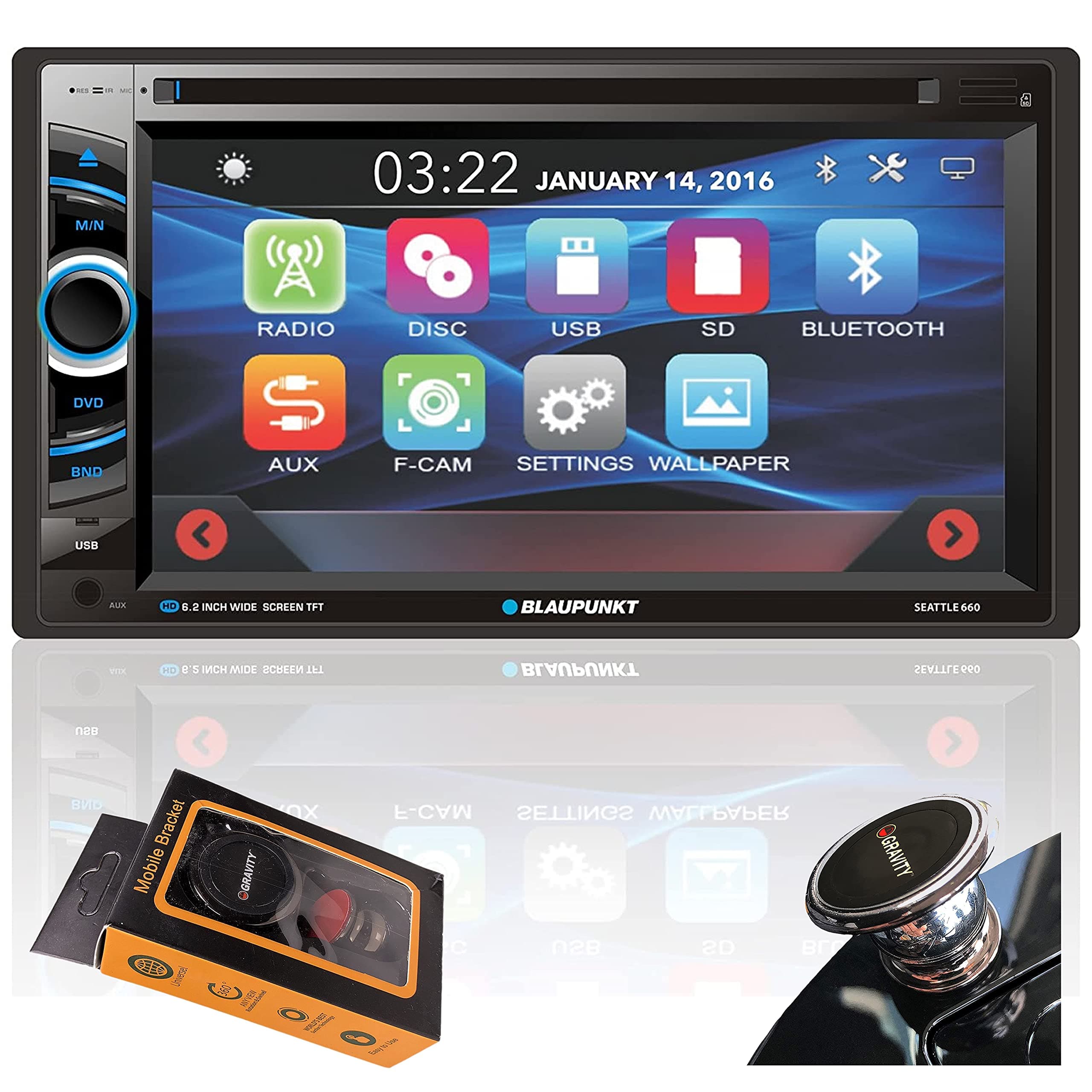 BLAUPUNKT Seattle 660 6.2-Inch in Dash Touch Screen Multimedia Car Stereo Receiver, USB, SD Card and Aux with Bluetooth with Backup CAM + Gravity Magnet Phone Holder Bundle, Black (SEATLE660+M)