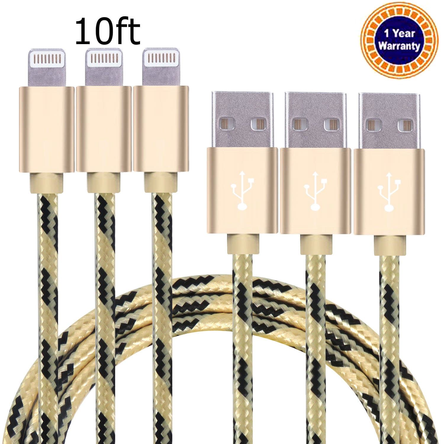 Jricoo 3pcs 10FT Lightning Cable Popular Nylon Braided Charing Cable Extra Long USB Cord for iphone7,7plus, 6s, SE, 6s plus, 6plus, 6,5s 5c 5,iPad Mini, Air,iPad5,iPod on iOS9.(gold+black).