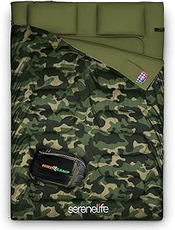 SereneLife Backpacking Sleeping Bag Camping Gear - Double Sleeping Bag for Adults/Teens w/ 2 Pillows, Bag - Outdoor Lightweight Weather Proof Sleeping Bags - Camping, Hiking - SLSBCA (Camouflage)