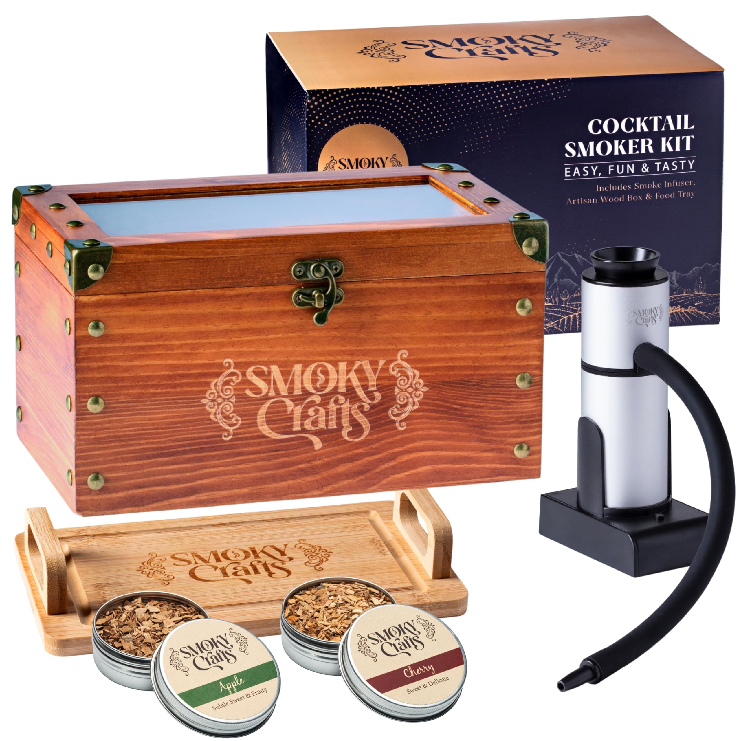 Smoky Crafts Whiskey Smoker Kit with Updated Smoke Gun, Cocktail Smoke Box, Food Tray and Wood Chips (Apple & Cherry) - Old Fashioned Smoker Kit