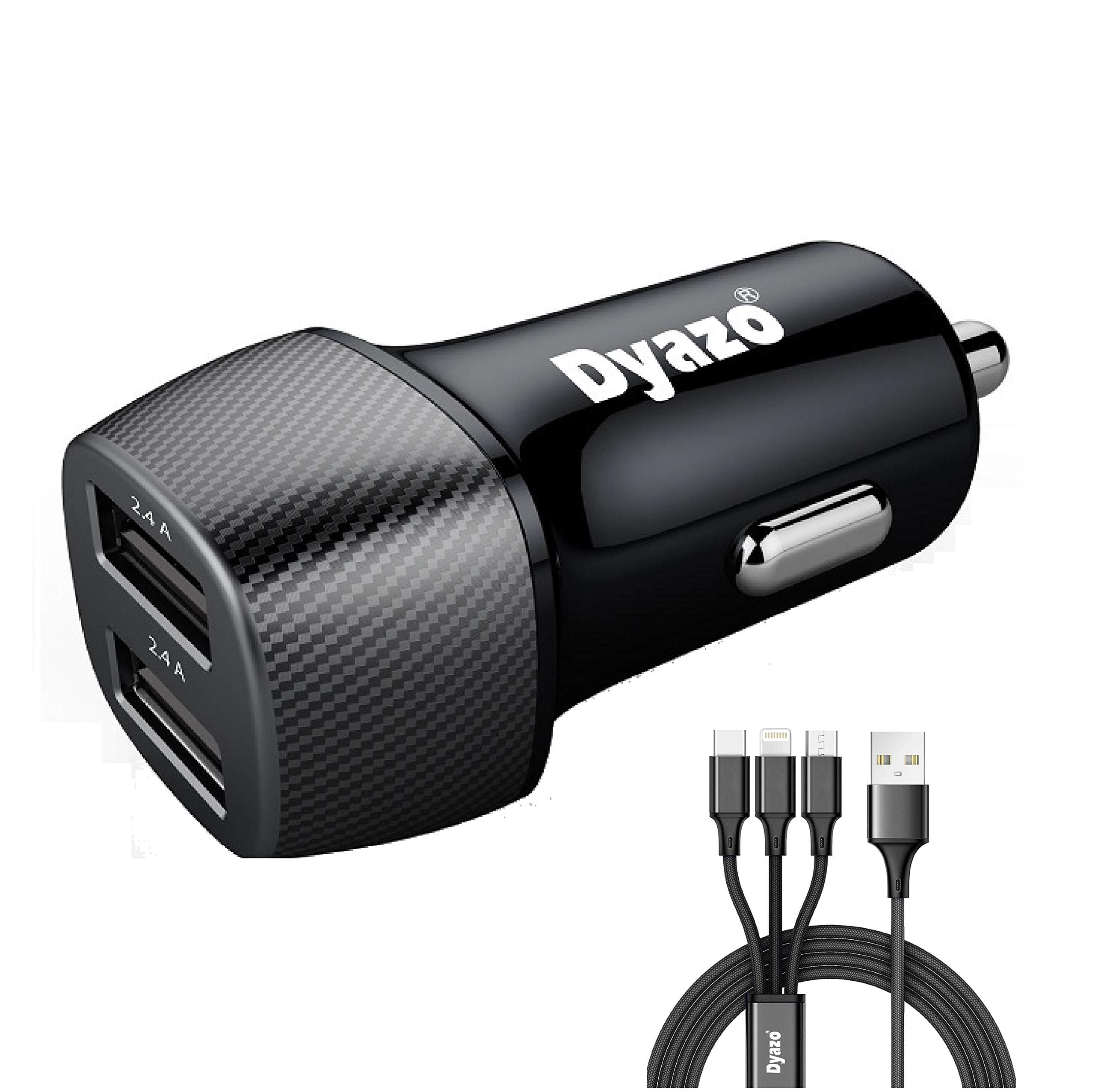 4.8 Amp (2.4 & 2.4 Amp) Dual Port Fast USB Car Charger Compatible W/iPhone Xr/Xs/Max/X/8/7/Plus,Ipad Pro/Air 2/Mini,Galaxy,Lg,HTC & All Other Cellular Phones W/Free 3In1 Cable-Carbon Black