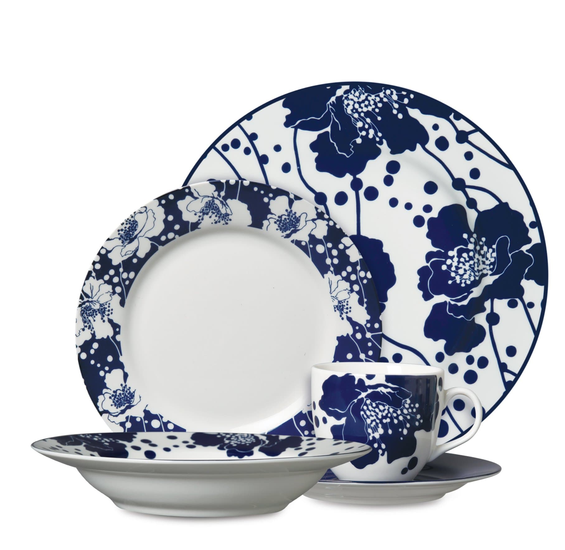 Spotted Floral 5-Piece White/Glaze/Fine Ceramic Dinnerware Set, Navy