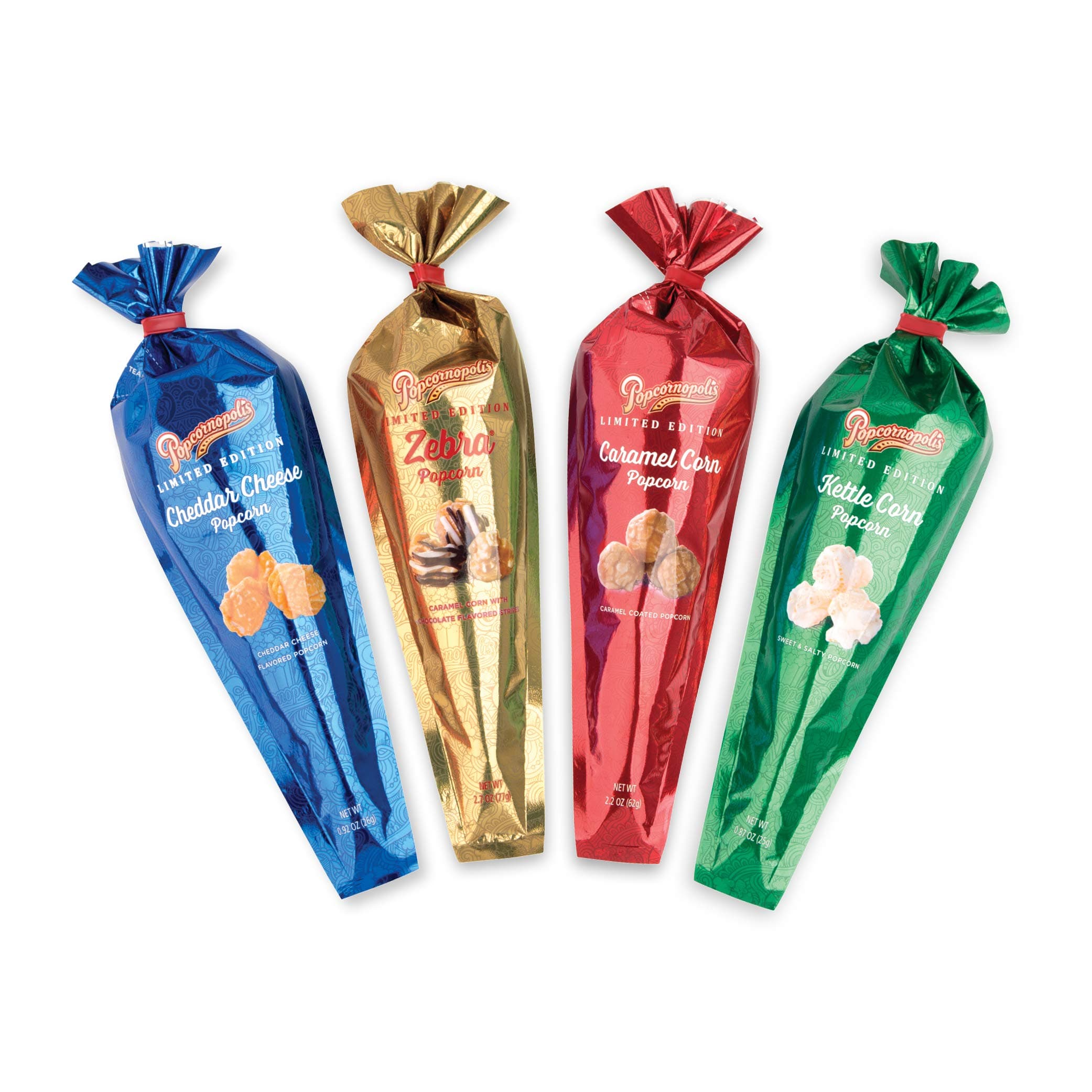 PopcornopolisGourmet Popcorn Mini Cone Premium 24 Pack - Includes Zebra, Caramel, Cheddar Cheese and Kettle Corn, Metallic Cone