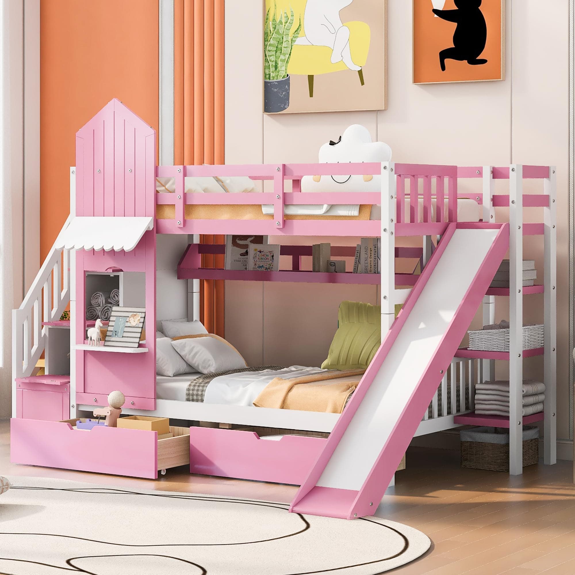Twin-Over-Twin Bunk Beds Castle Style Bunk Bed with 2 Drawers 3 Shelves and Slide - Pink