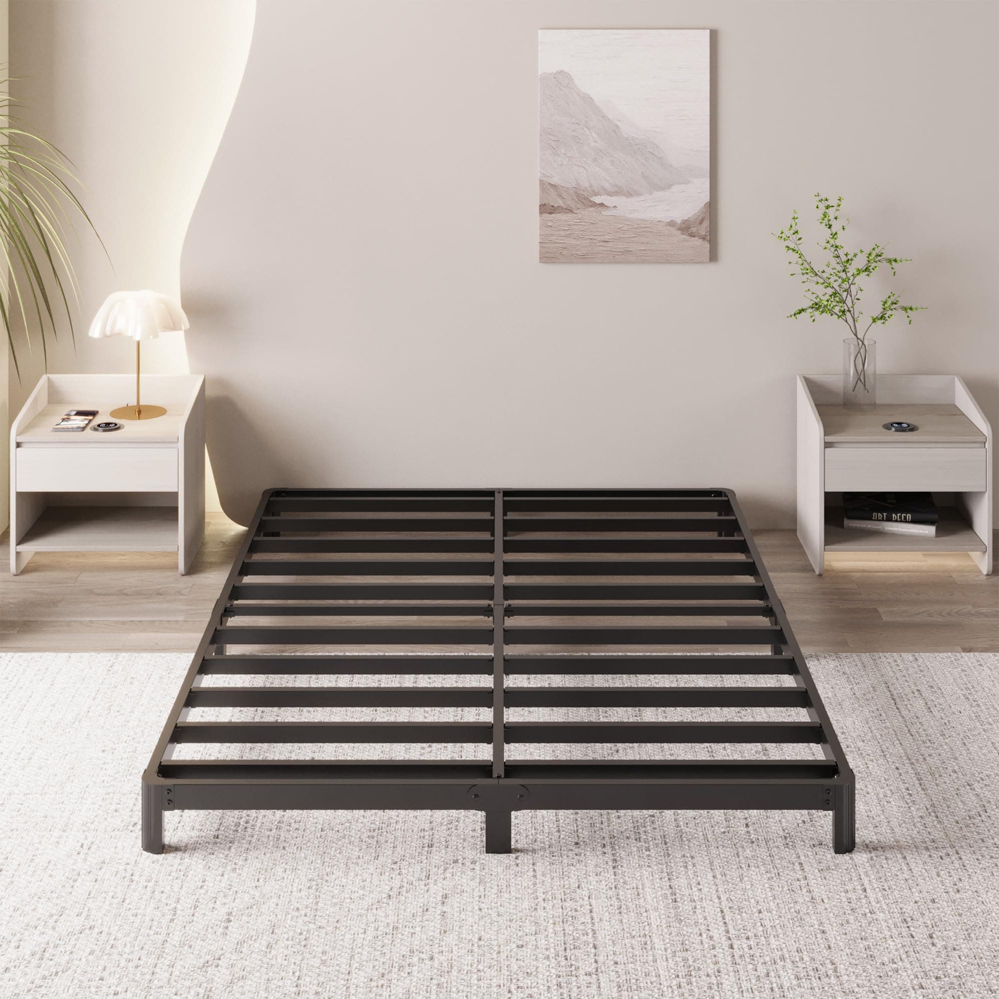 Yicensen 4 Inch Low Bed Frame Queen Rounded Corner No Box Spring Needed, Heavy Duty Metal Queen Size Platform Bed Frame, Easy Assembly, Noise Free, Black