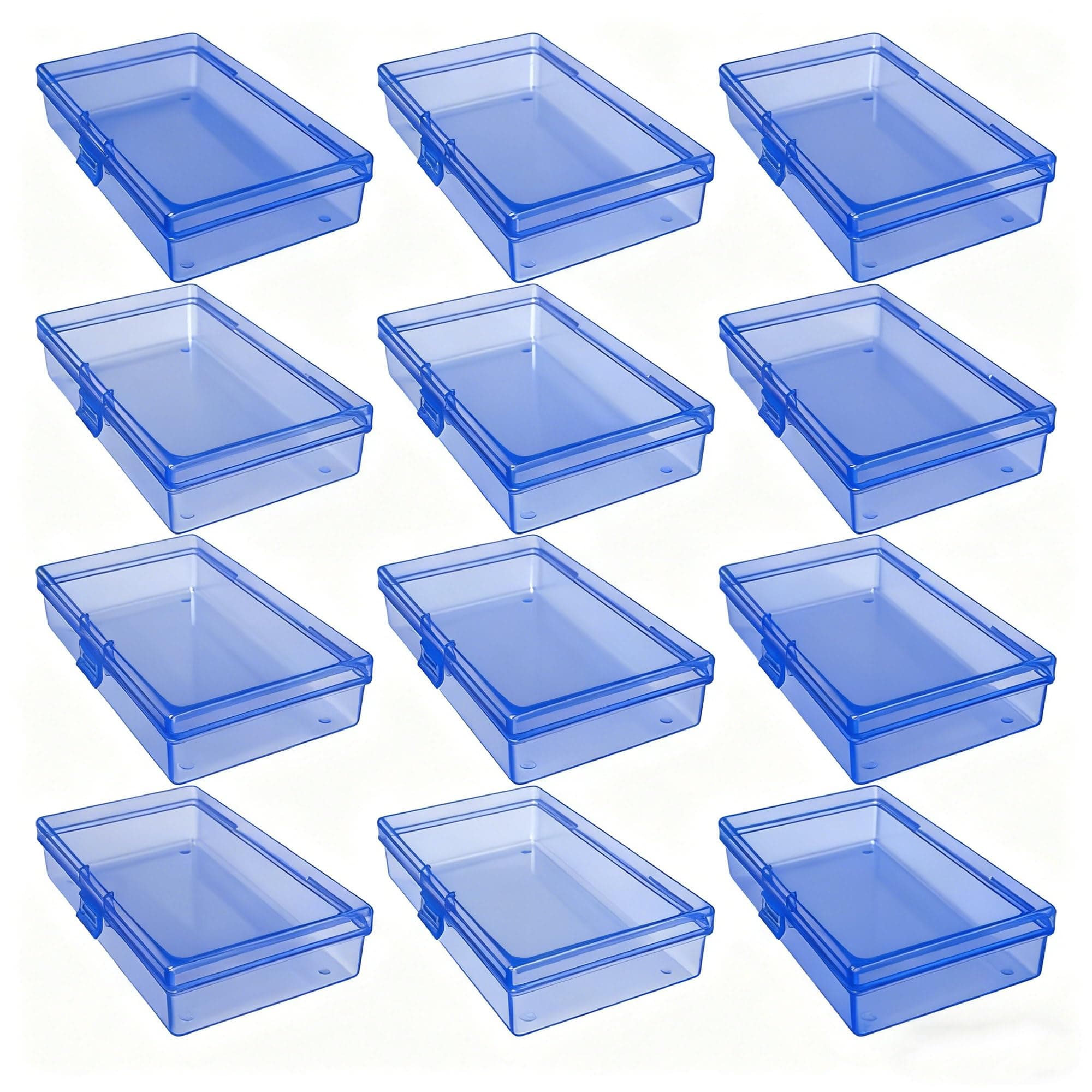 LJY 12 Pieces Rectangular Empty Mini Clear Plastic Organizer Storage Box Containers with Hinged Lids (5.3 x 3.1 x 1.2 inch, Blue)