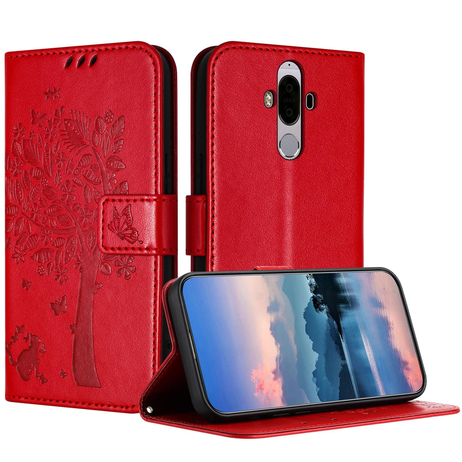 Huawei Mate 9 Case, Embossed PU Leather Wallet Case with Card Slot and Magnetic Closure Stand Function Cover Compatible for Huawei Mate 9 - Red