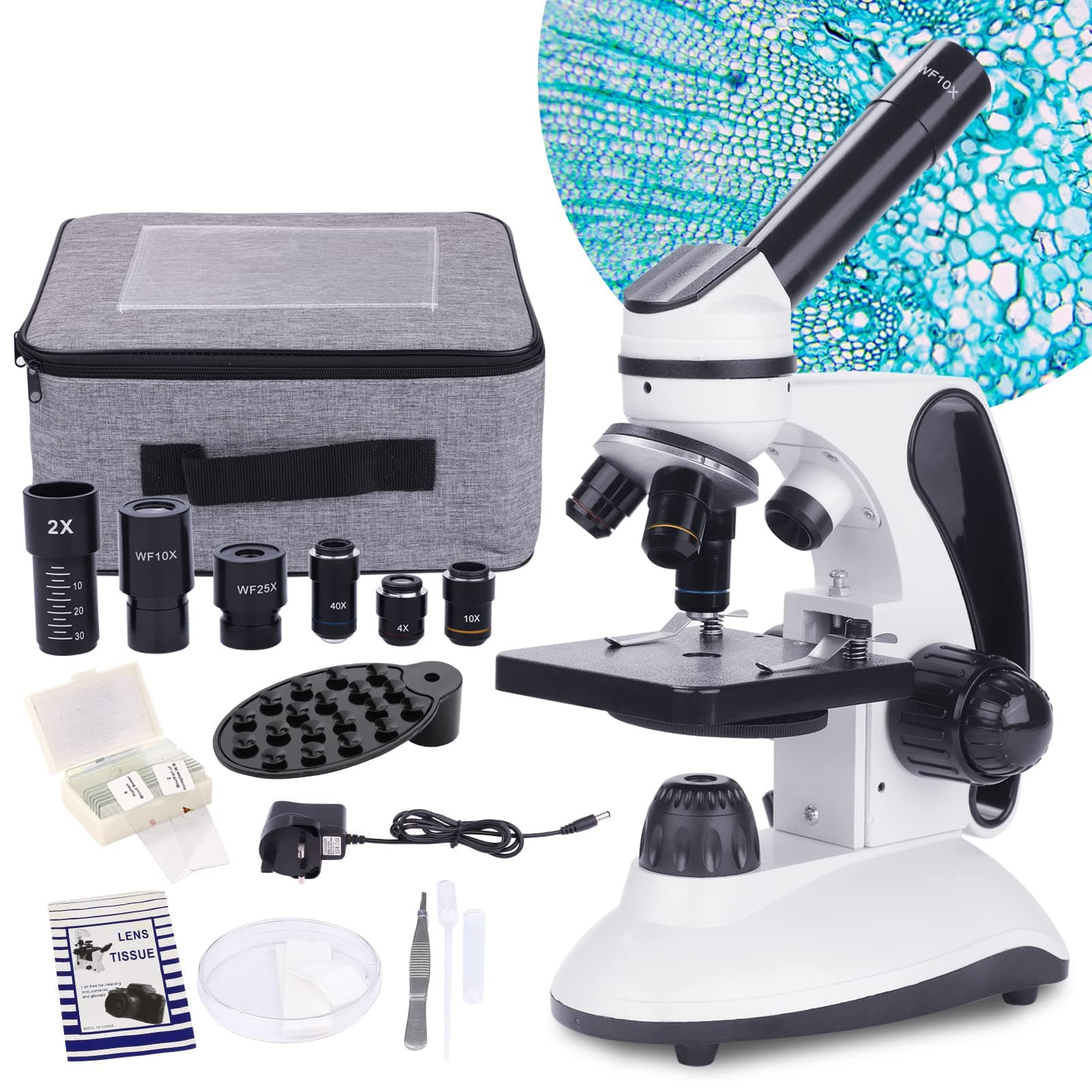 Monocular Microscope 40X-2000X Magnification for Students Adults,Dual LED Illumination Beginners Children Microscope with Kits,Phone Adapter,Carrying Case,AC Adapter,15 Slides for Lab Class Study