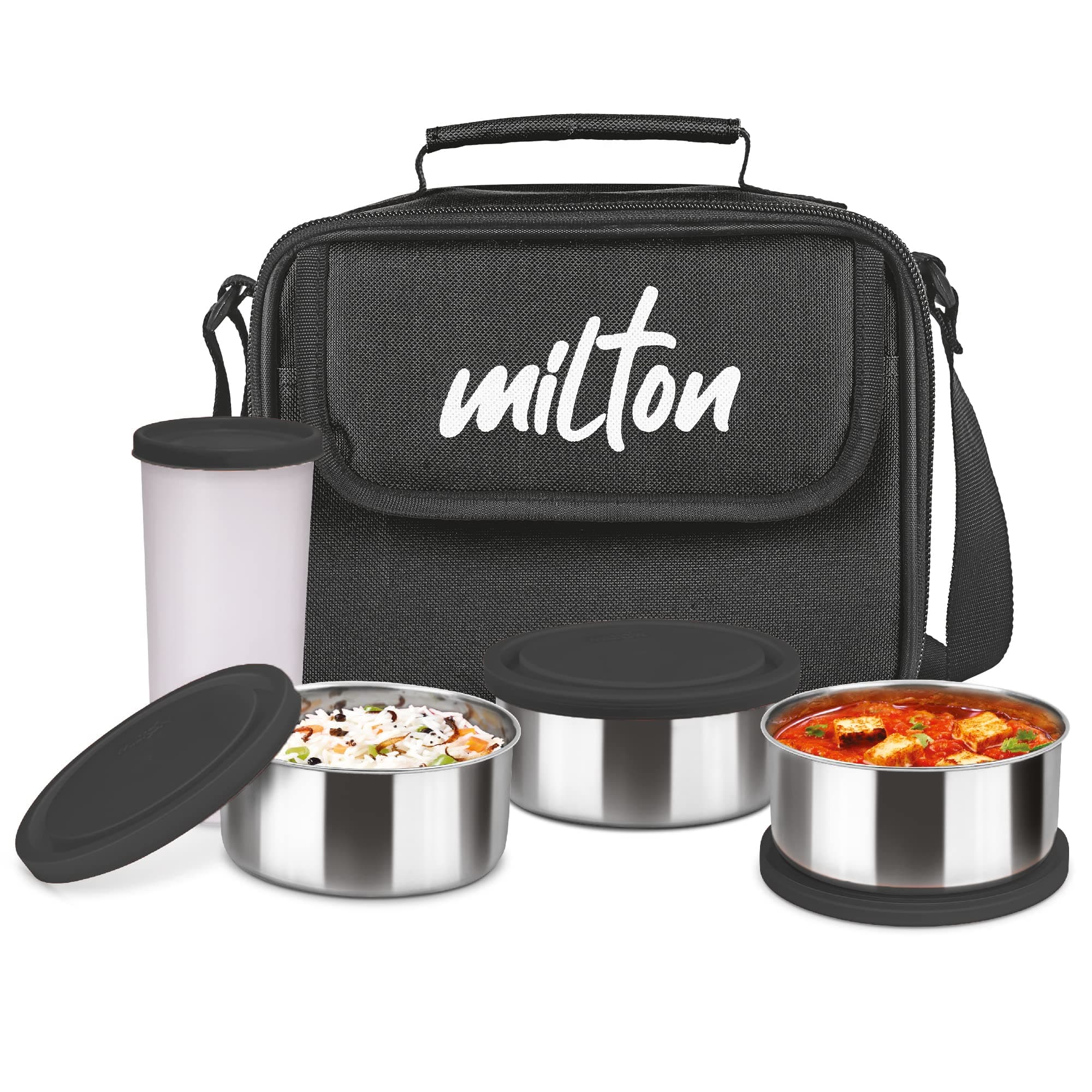 MILTON 5-Piece Lunch Box Set with Insulated Bag - Includes 3 Stainless Steel Containers(280ml Each), 400ml Tumbler, Keeps Food Hot, Ideal for School Kids & Office Tiffin - Steel Combi combo- Black