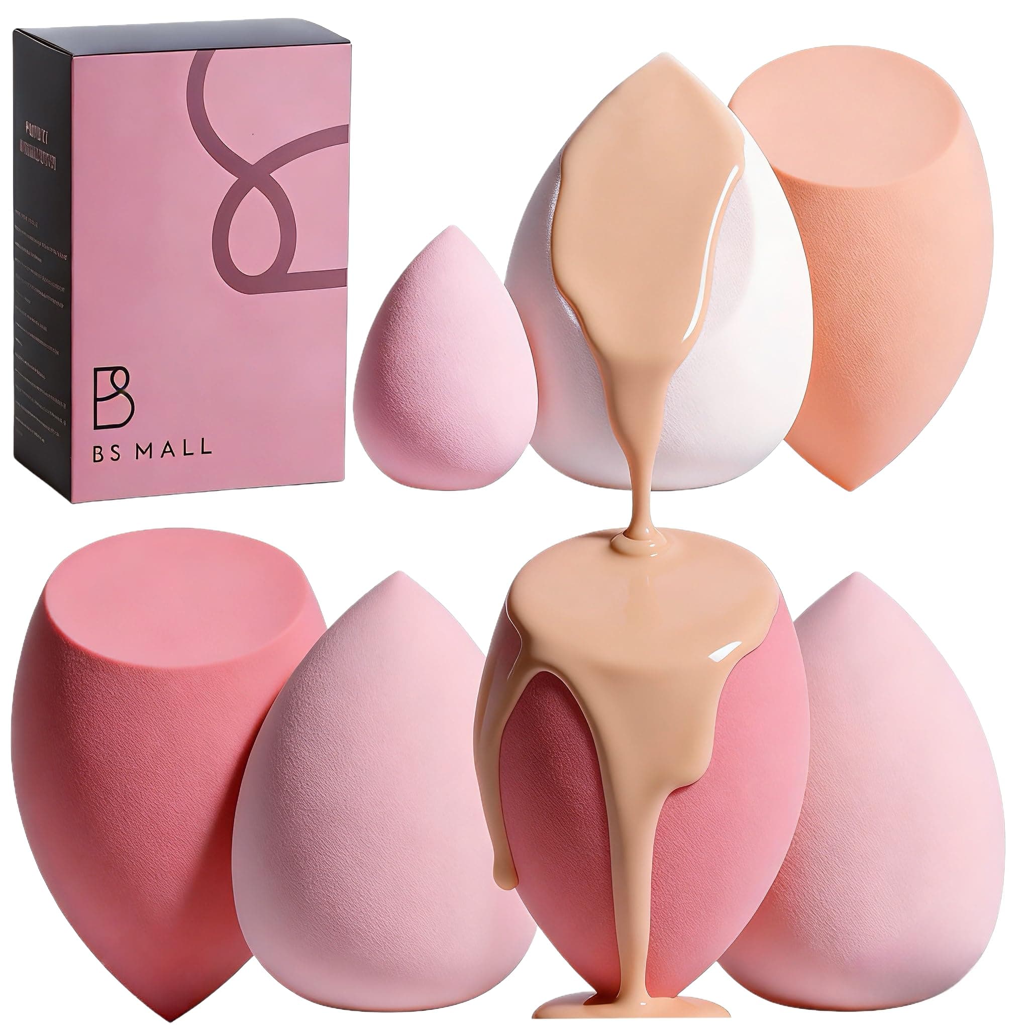 Makeup Sponge Set BS-MALL with Storage Case 7 Pcs for Liquid, Cream, and Powder,SAVE Foundation with 1 Mini Makeup Sponge For Travel Daily Use (T- PINK)