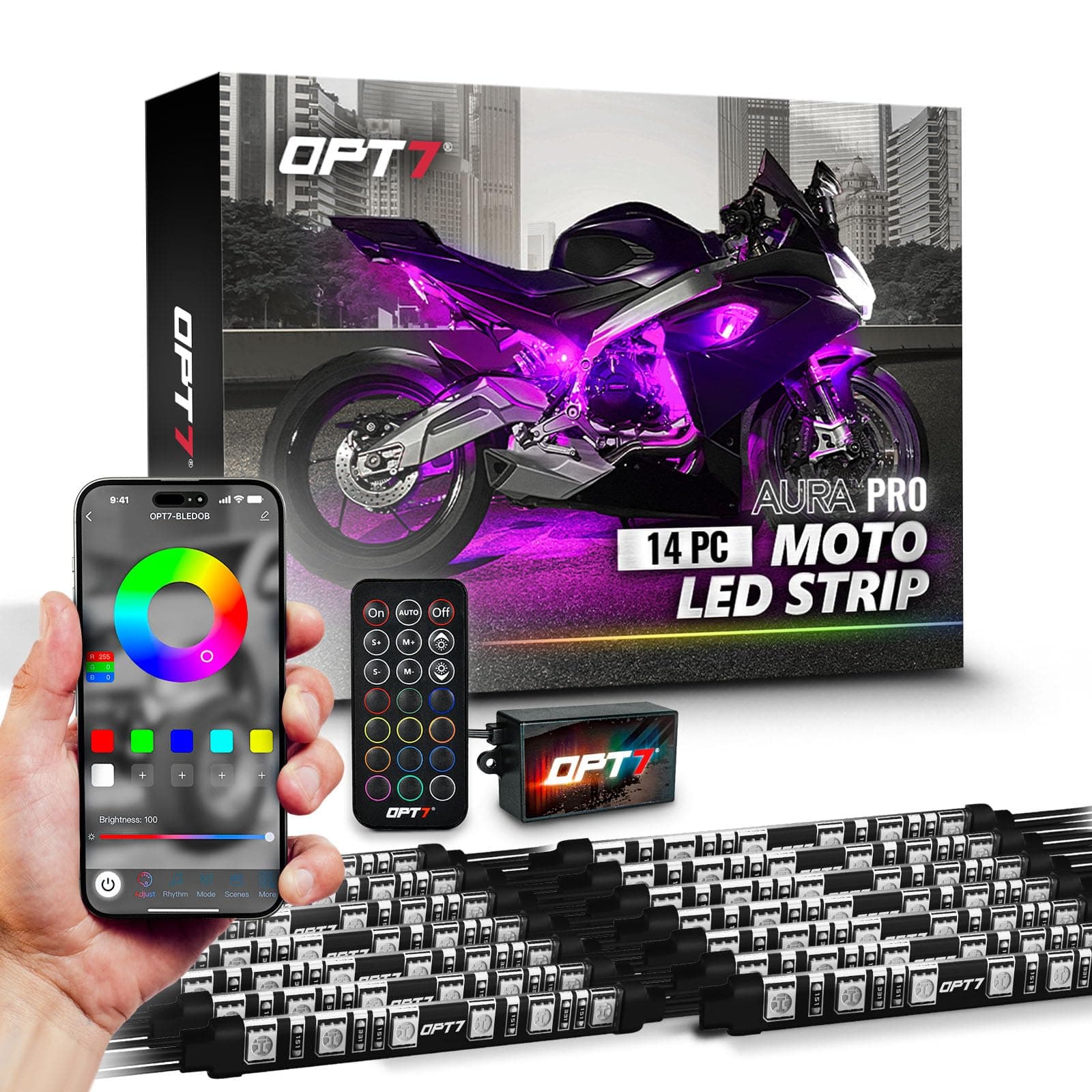 OPT7 AURA PRO Motorcycle LED Light Kit Bluetooth Enabled All Color Lighting Neon Glow w/Switch - iOS & Android Enabled Universal Fit-Cruiser (14 Strips) AuraPro-Motor-JB-Kit-Cruiser