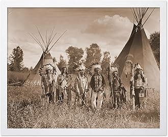 Poster Master Vintage Native American Poster - Retro Crow Creek Warrior Print - Crow Reservation Art - Indian Tribe Art - Gift for Men, Women - Decor for Bedroom, Living Room, 8x10 White Framed