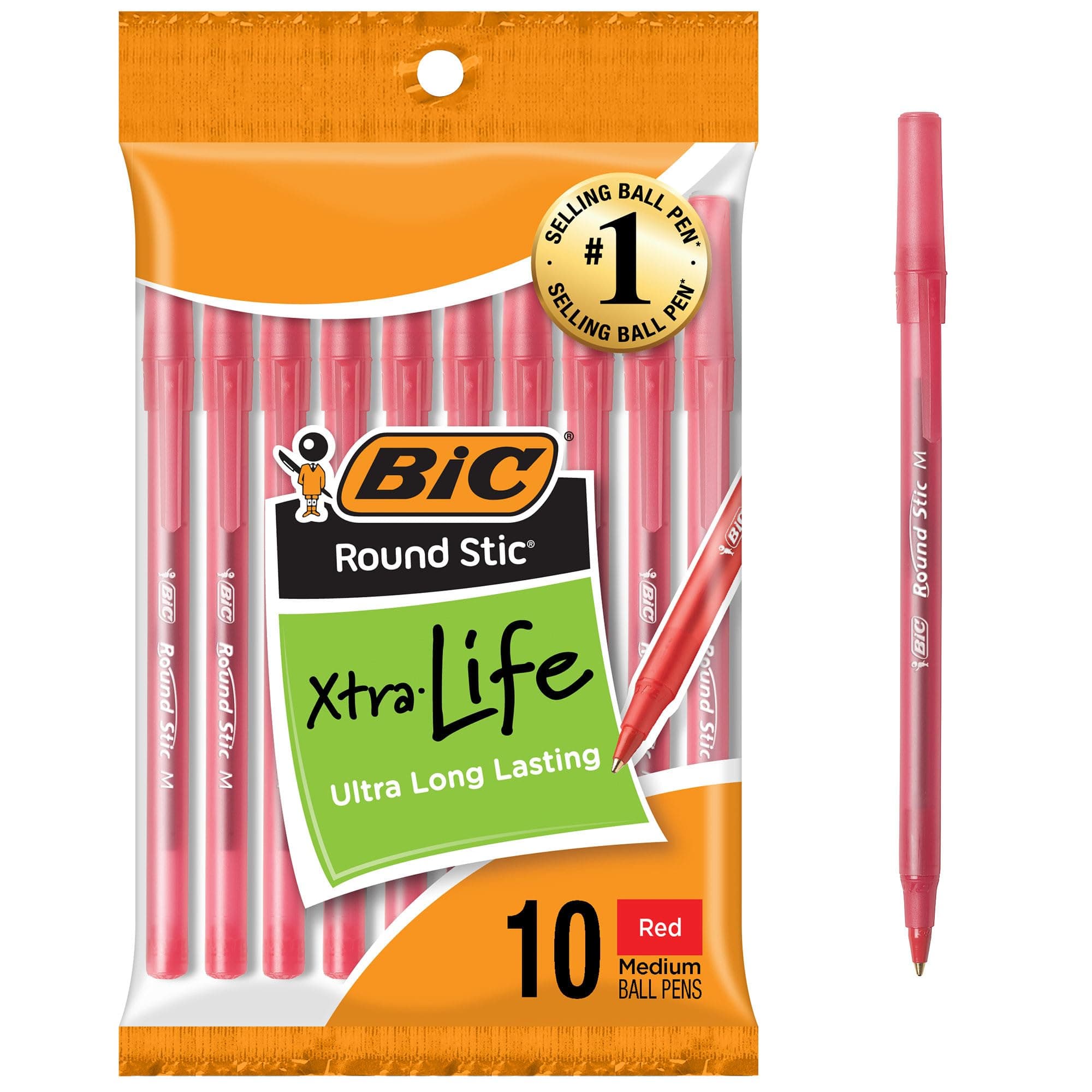 Bic Round Stic Ballpoint Pens Red, 10 pack