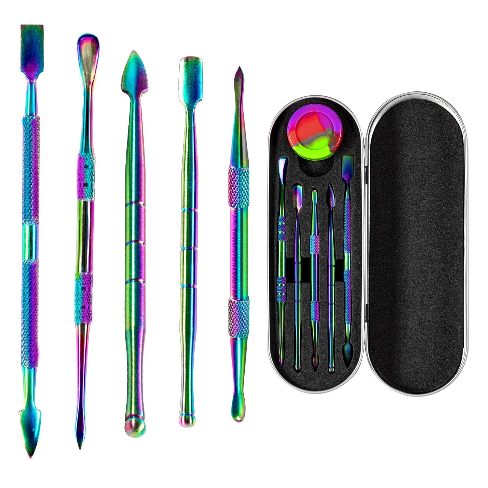 6 Pcs Wax Carving Tool Set, Shellvcase Stainless Steel Double-Sized Tools with Silicone Container Jar and Protective Metal Carrying Case Portable Set, Rainbow Color