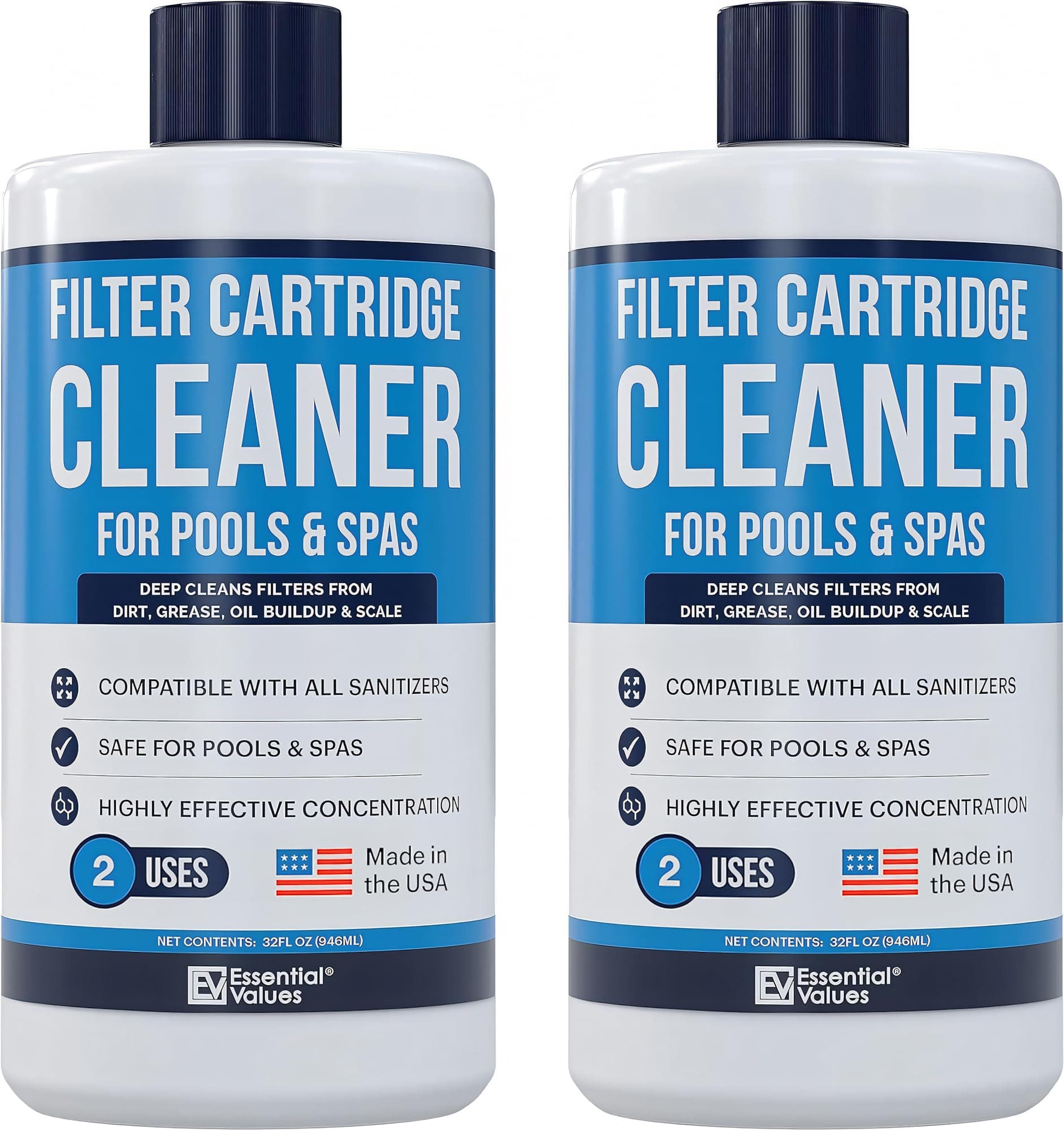 Pool & Spa Cartridge Cleaner (2 Pack, 32oz / 2 Quart Total / 4 Uses), Made in USA - Filter Cleaning Solution Comparable to Leisure Time by Essential Values
