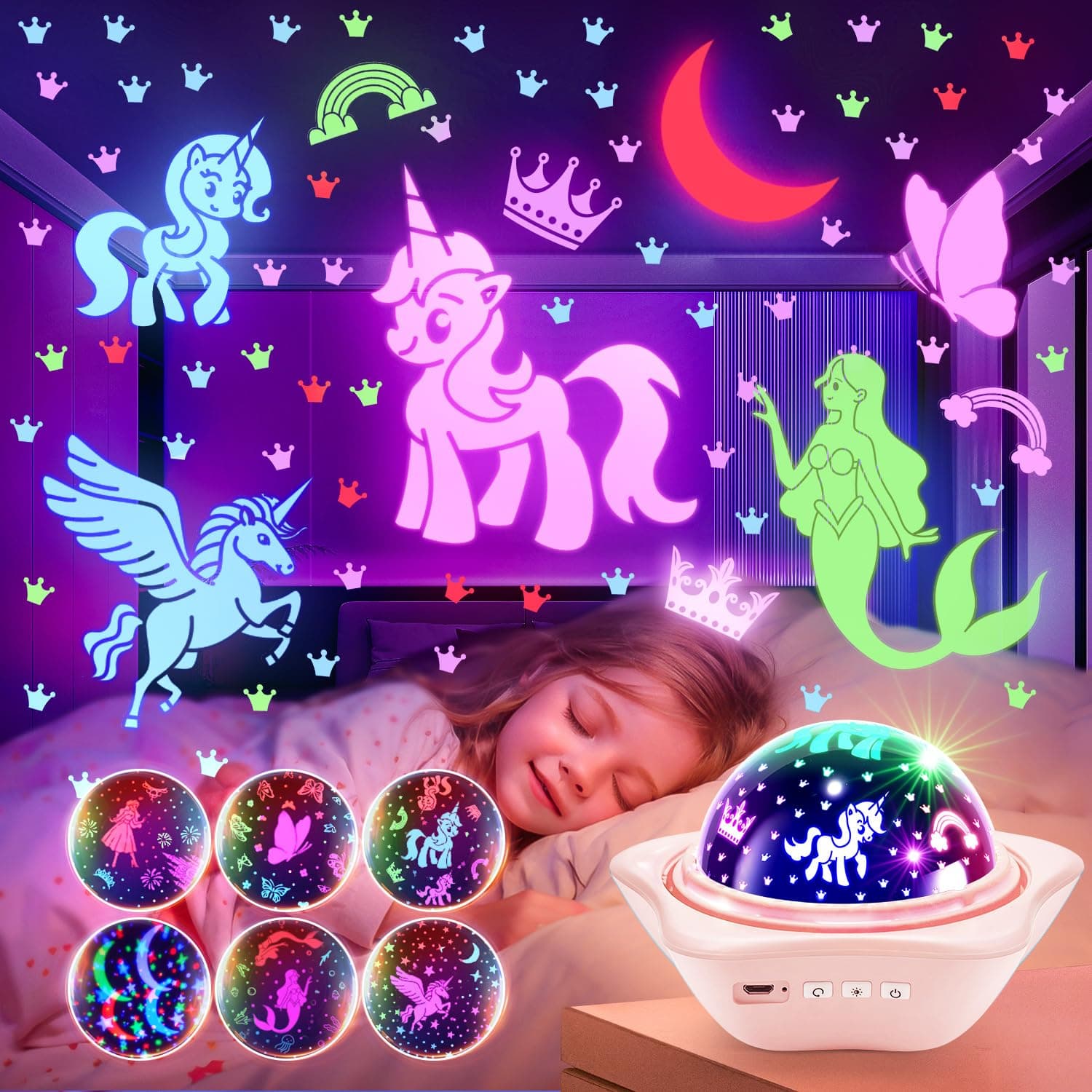 One Fire Unicorn Night Light Projector,48 Lighting Modes Unicorn Lights for Bedroom Decor,360° Rotating+3 Films Unicorn Night Light for Kids Room,USB Rechargeable Unicorn Lamp Unicorns Gifts for Girls