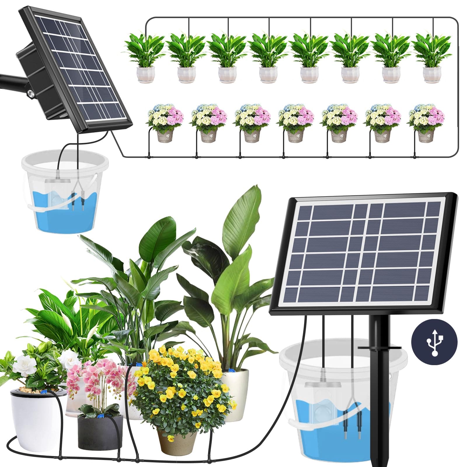 Solar Irrigation, [Upgraded Pump] Automatic Plants Watering System, Solar Powered Drip Irrigation Kit, Self Watering devices with Timer, Patio, Balcony