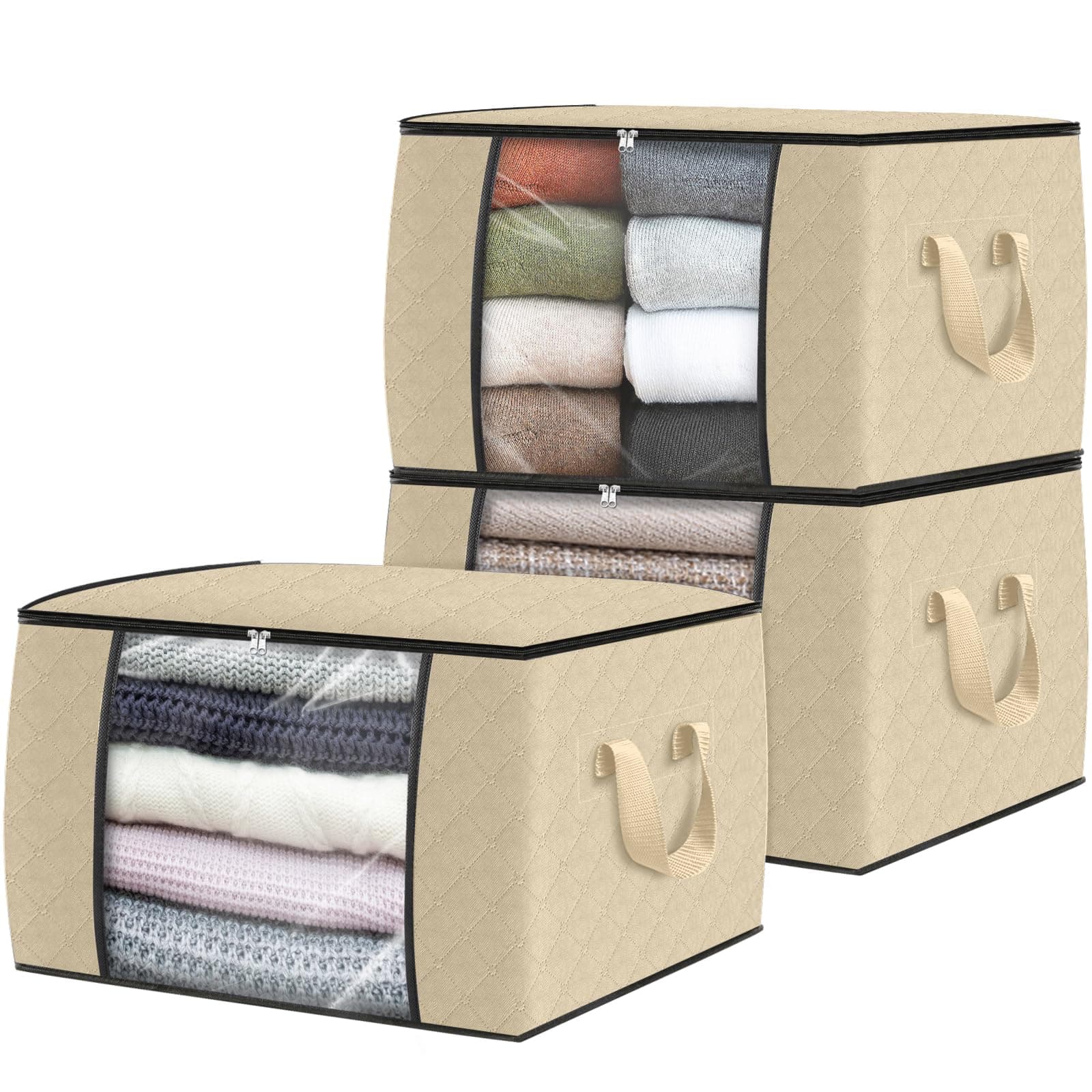 Fab totes 3 Pack Clothes Storage, Foldable Thick Fabric Blanket Storage Bags, Containers for Organizing Bedroom, Closet, Clothing, Comforter,Organization with Handle,Beige
