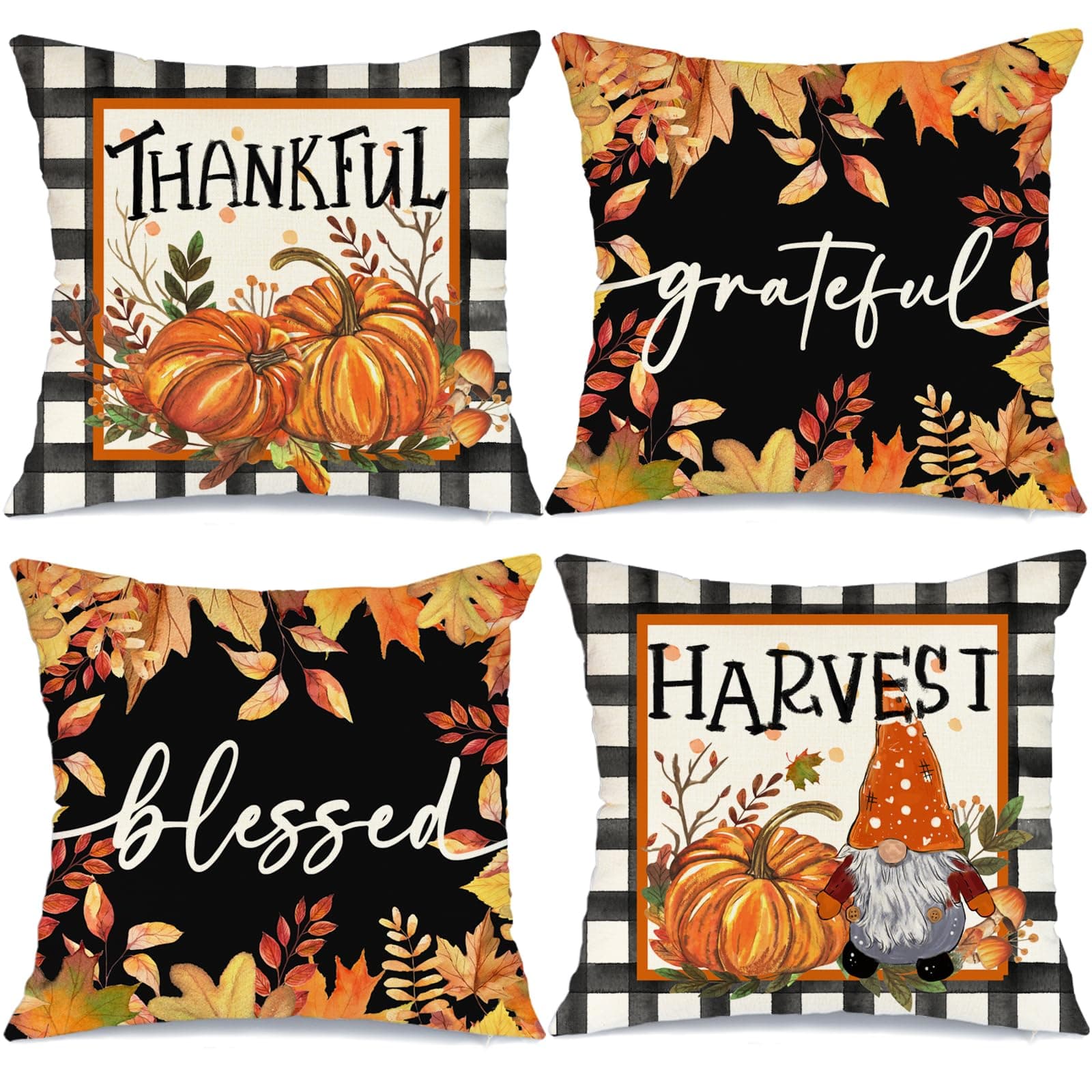 GEEORYGEEORY Fall Decorative Throw Pillow Covers 16 x 16 Inch Set of 4, Thankful Grateful Blessed Harvest Pumpkin Gnome Thanksgiving Fall Decor Outdoor Farmhouse Pillow Cases for Home Couch G345-16