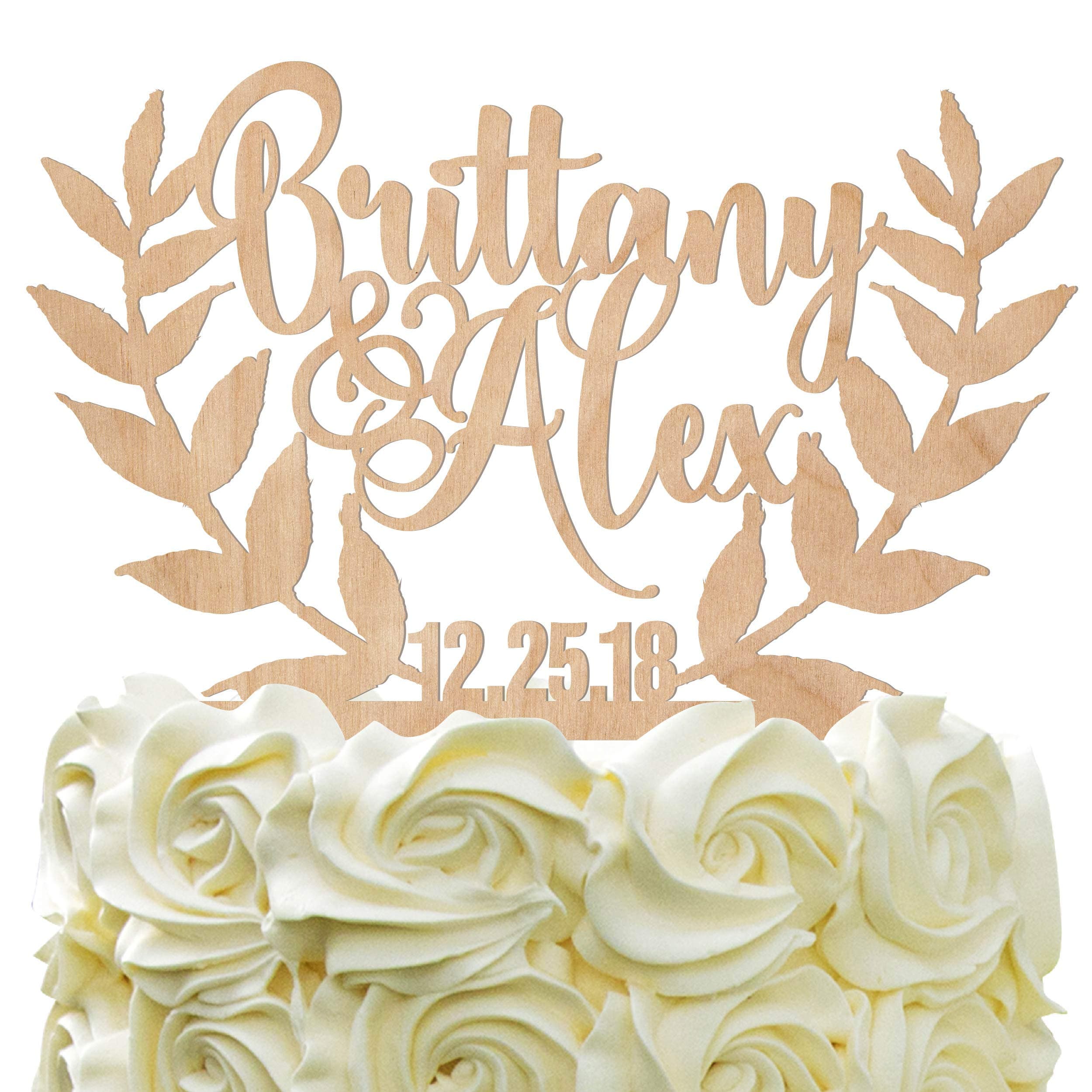 Personalized Wedding Cake Topper Wedding Cake Decoration Leaves Vector Bride Groom Name With Date Wood