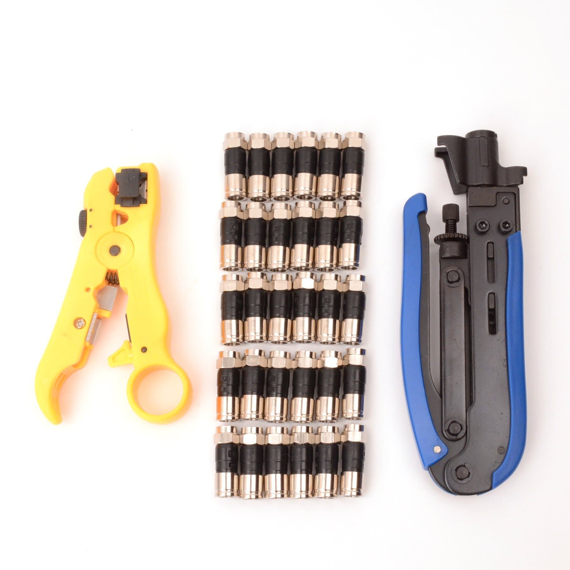 Coax Compression Connector Kit Includes 30pcs RG6 F Connectors + 1pcs Coax Cable Stripper + 1pcs Crimping Tool