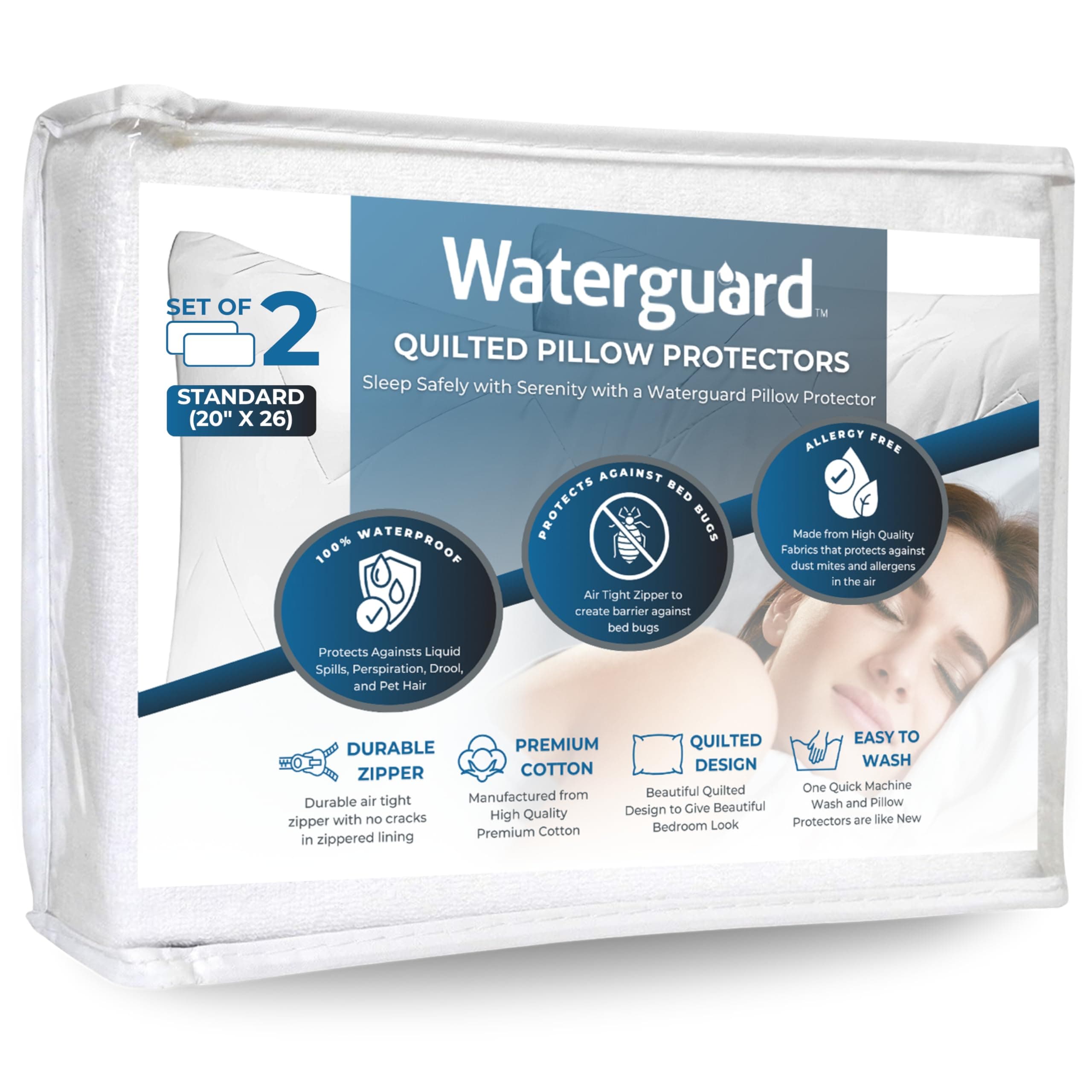 Waterguard Quilted Pillow Protector - Waterproof and Bed Bug Proof Standard Size Zippered Pillow Protector - Luxury Designed Pillowcases Protects Pillows from Dirt, Dust Mites, Stains, & Spills