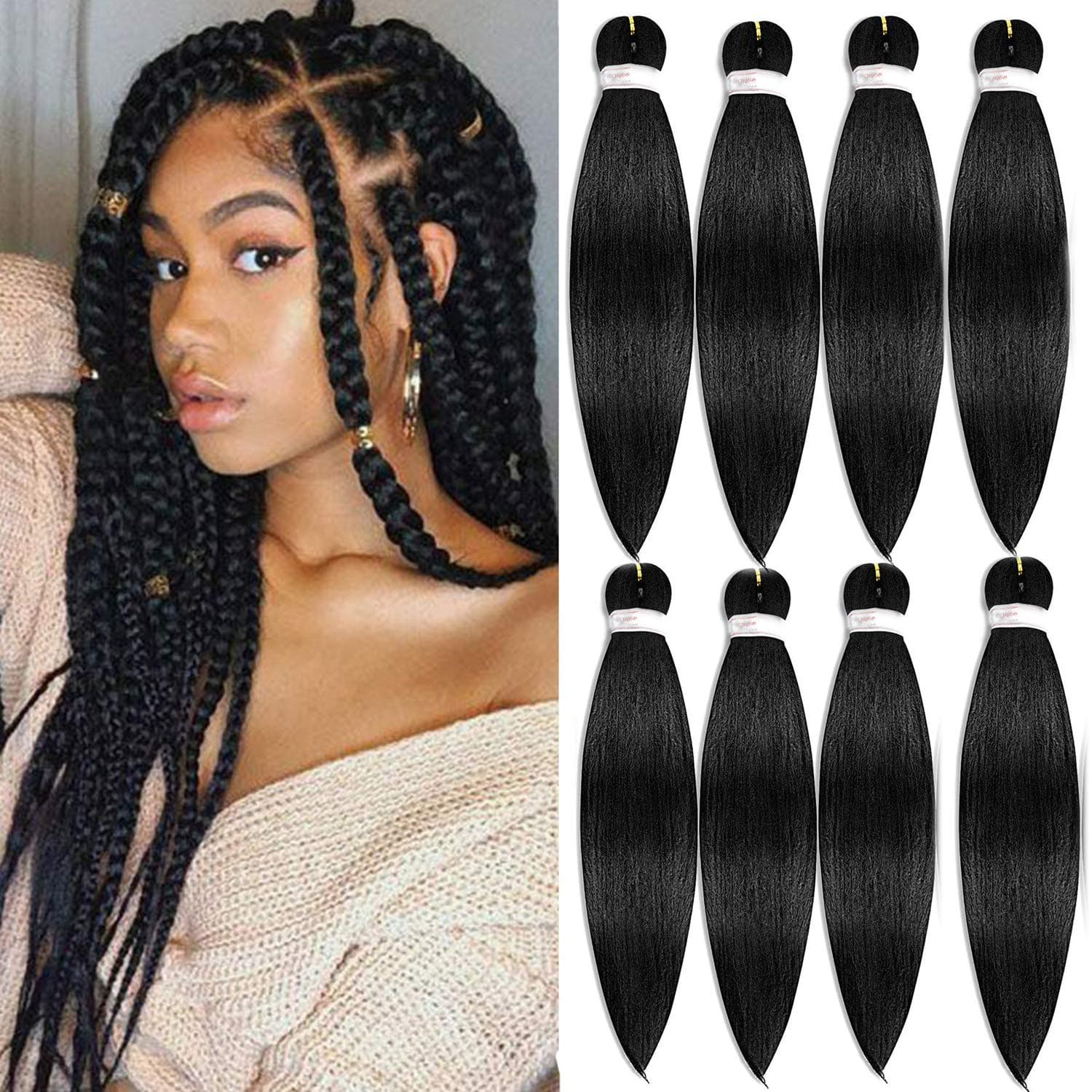 8 Pack Braid Pre Stretched Braiding Hair Braid Professional Hair Yaki Synthetic Hair 8 Packs 26 Inch (Black)