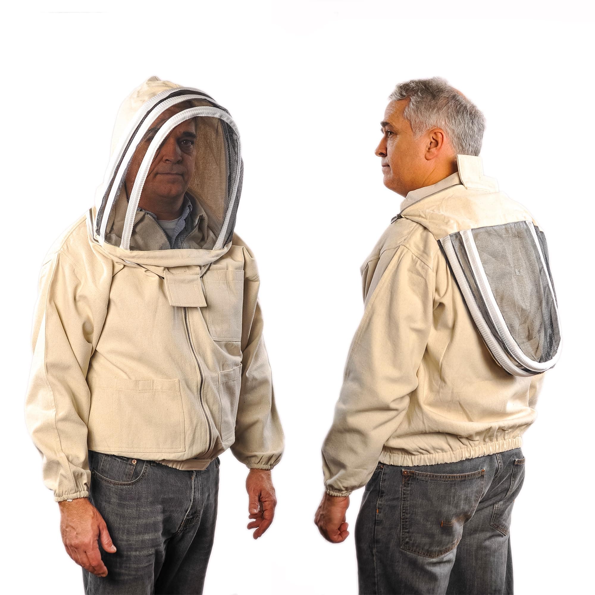 Bee Jacket with Veil - Natural Canvas Bee Suit Jacket with Elastic Waist & Cuffs, YKK Brass Zippers, 3 Utility Pockets. Removable Hood Interchangeable with Forest Beekeeping Suit.(Large)