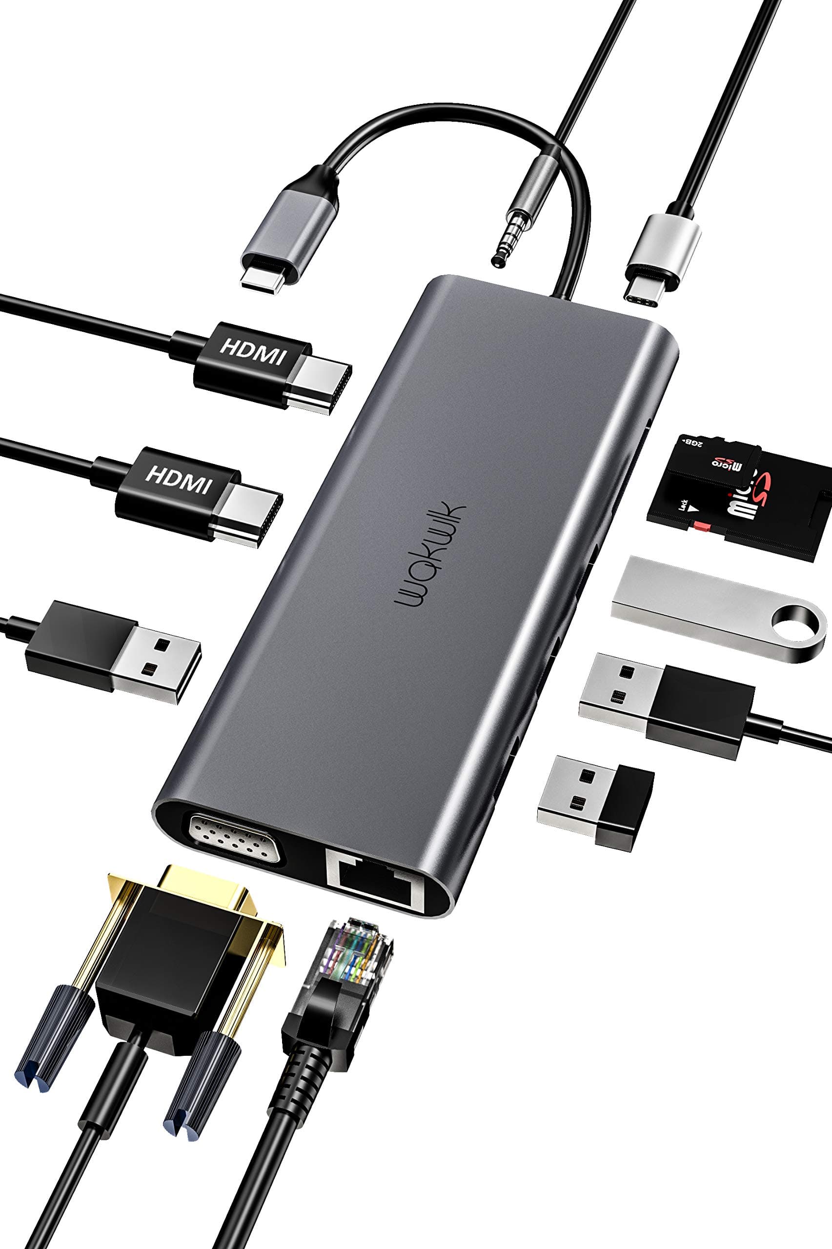 Wakwlk 12 in 1 USB Type C HUB with 2 HDMI, VGA, PD3.0, Ethernet, 4 USB Ports,SD/TF Card Reader,Mic/Audio, Multiport Adapter Dongle for IPad MacBook Air Pro and More (Triple Displays Only for Windows)